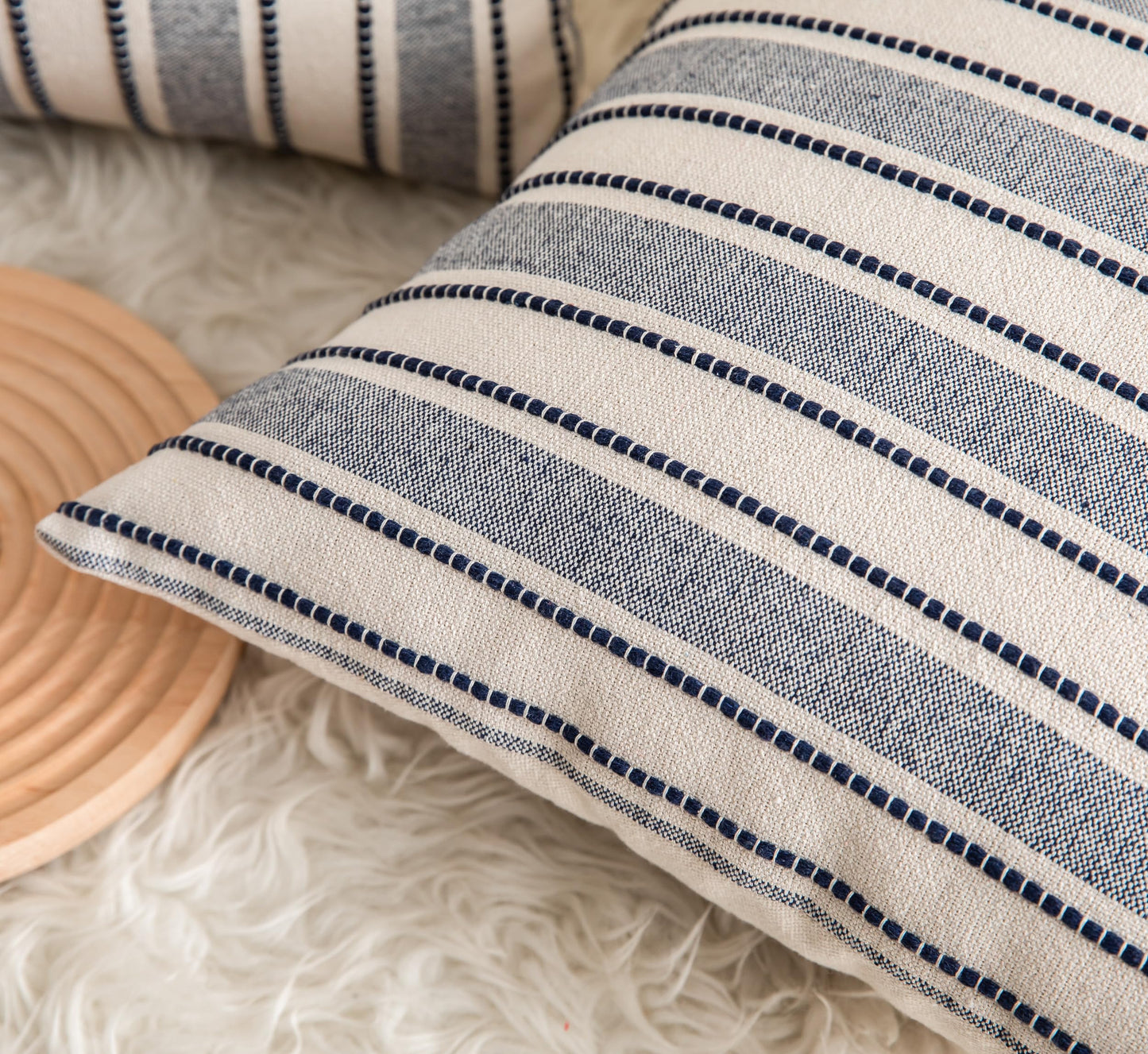 Cethom Decorative Boho Throw Pillow Covers, Farmhouse Textured Pillow Case, 20 x 20 Inch Set of 2, Chair Sofa Bedroom Living Room Decor Couch Cushion Case, Navy Blue and Beige Striped