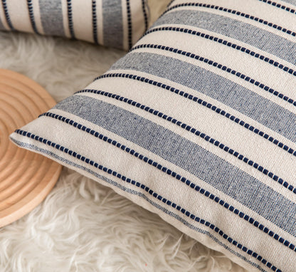 Cethom Decorative Boho Throw Pillow Covers, Farmhouse Textured Pillow Case, 20 x 20 Inch Set of 2, Chair Sofa Bedroom Living Room Decor Couch Cushion Case, Navy Blue and Beige Striped
