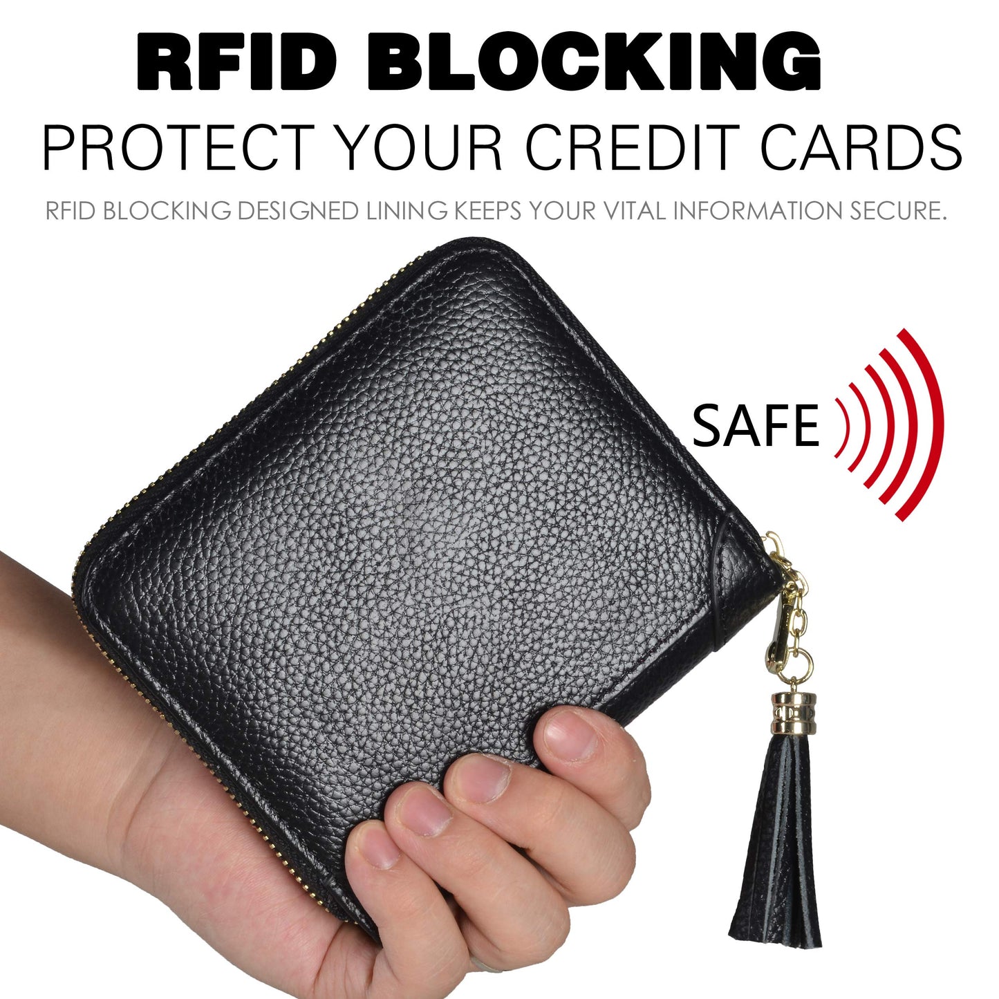 Easyoulife Womens Credit Card Holder Wallet Zip Leather Card Case RFID Blocking (Black)