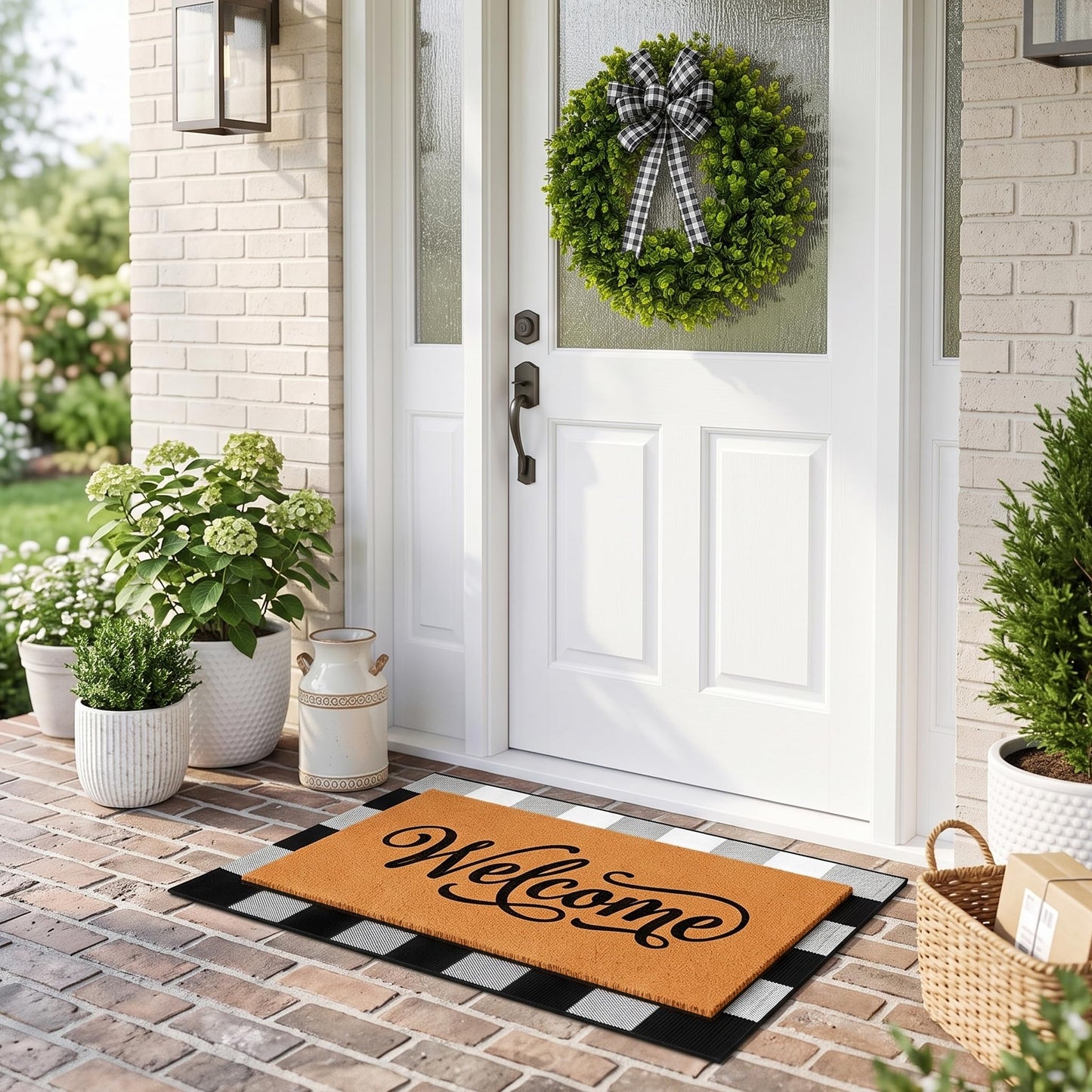 Britimes 3 Pcs Farmhouse Welcome Front Door Mat and Wreath Set Faux Coir Doormat Buffalo Plaid Layering Rug and 19" Greenery Wreath with Bow Outside Decor for Porch