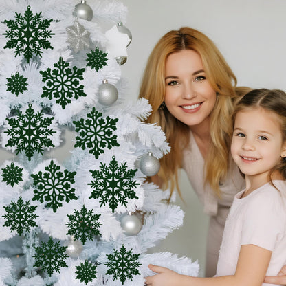 36pcs Dark Green Flocked Christmas Snowflake Ornaments, Hanging Velvet Snow Flakes for Christmas Tree Decorations Winter Wonderland Frozen Birthday Party Holiday Home Decor Craft Snowflakes