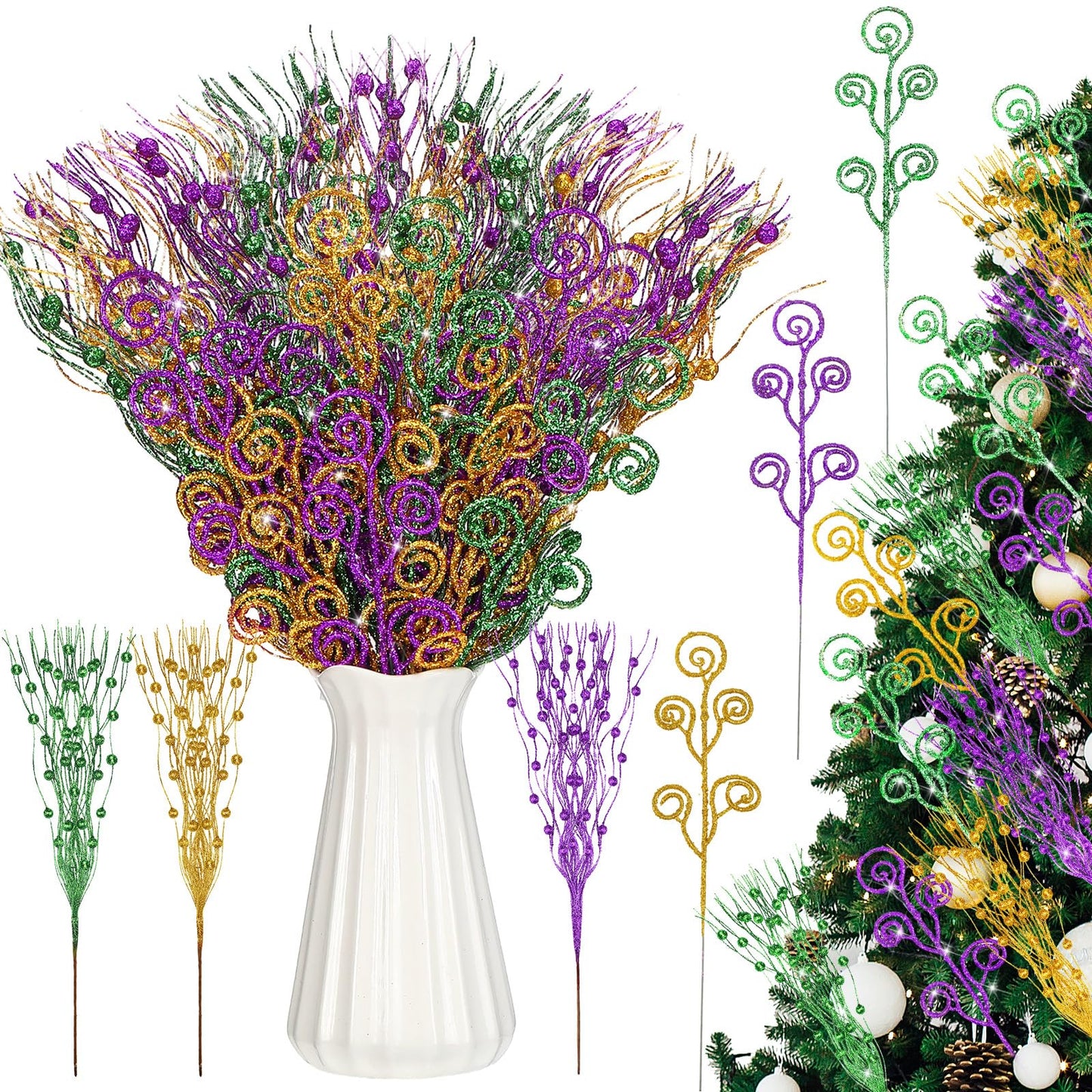 Daifunli 36 Pcs Mardi Gras Decorations Mardi Gras Picks Purple Gold Ornaments 17'' 12'' Artificial Glitter Berry Picks and Sprays Branches for Carnival Party Wreath Vase