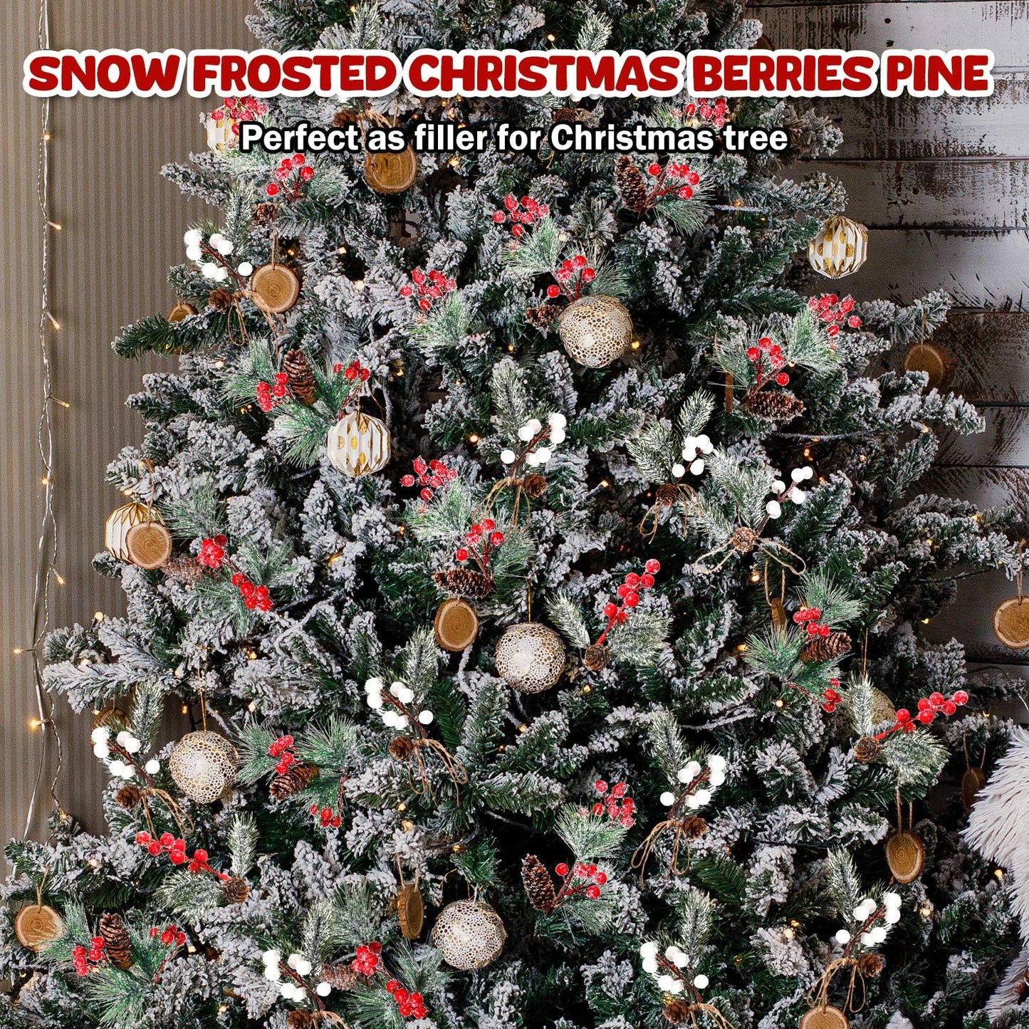 Blosssound 36 PCS Christmas Artificial Pine Branches with Snow Spray Red Berry Stems Pine Needles Faux Pine Picks Snow Floral Pine Cones for DIY Crafts Christmas Tree Garland Wreath Holiday Decor