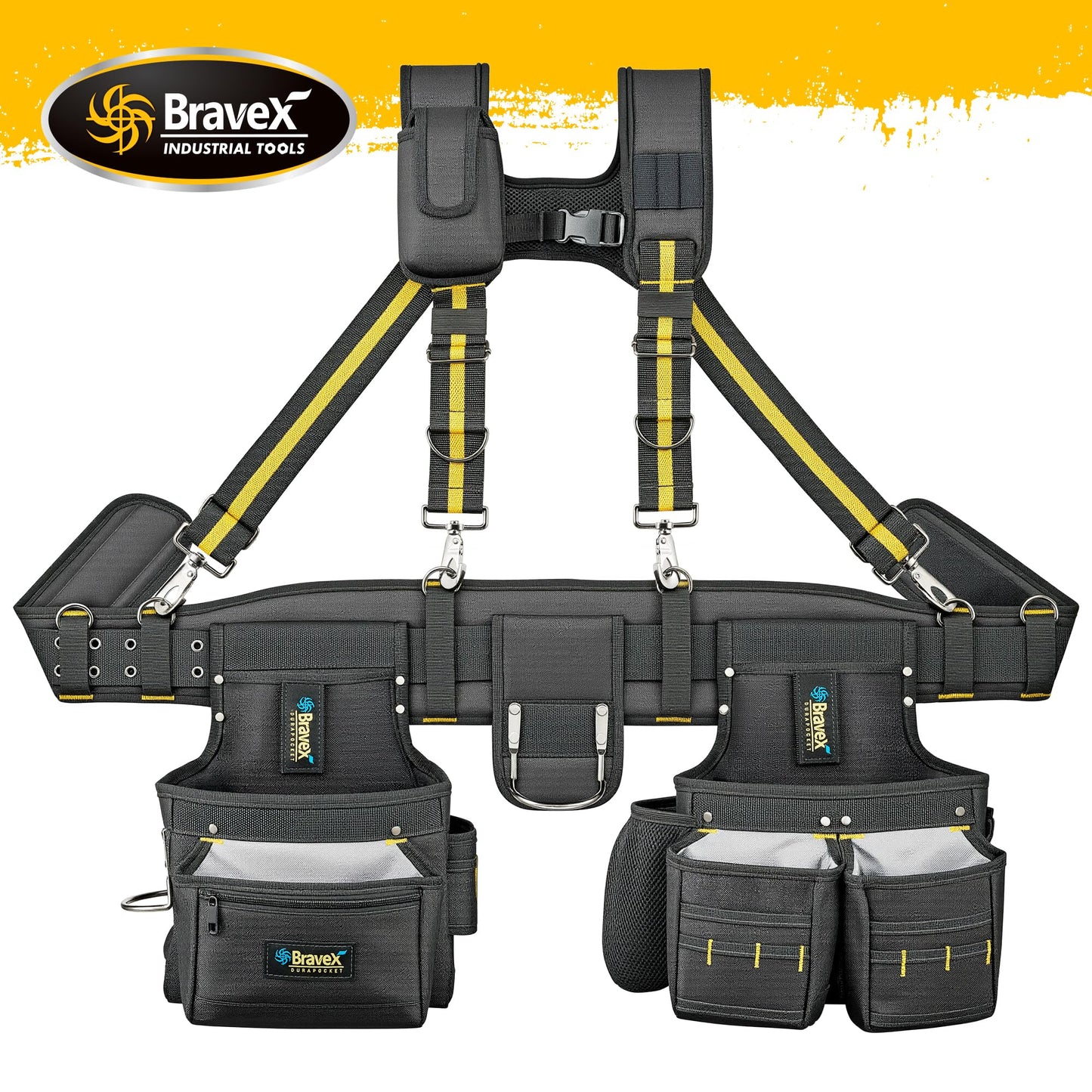 Bravex Tool Belt Suspenders, Tool Vest Pro Ultra 20 Bags H-Style Toolbelt 5 Combo Apron Tool Pouch For Framers Carpenter Electrician 1200D Ballistic Nylon