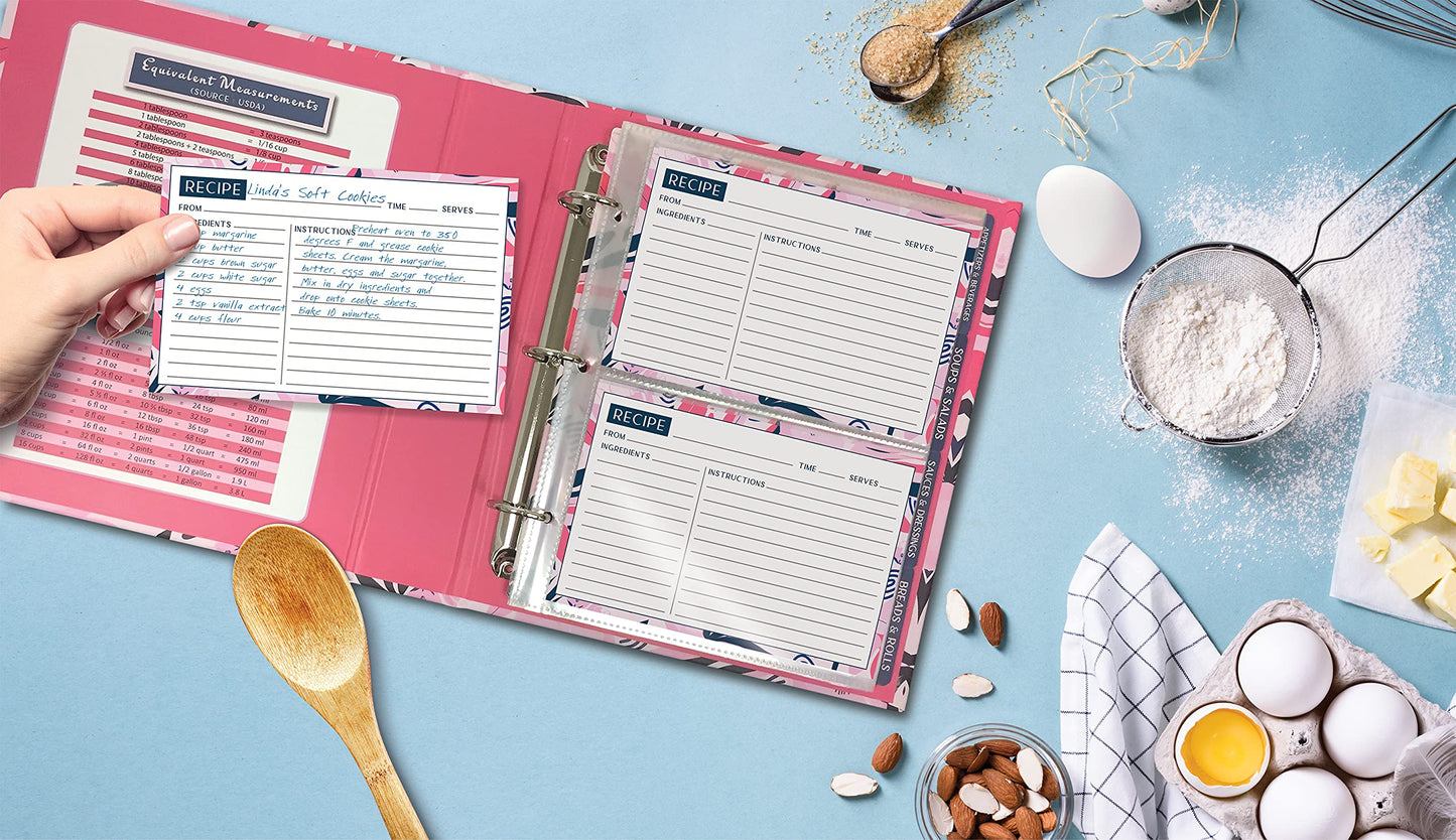 Better Kitchen Products Recipe Binder, 8.5" x 9.5" 3 Ring Binder Organizer Set (with 50 Page Protectors, 100 4" x 6" Recipe Cards & 12 Category Divider Tabs) Floral Design