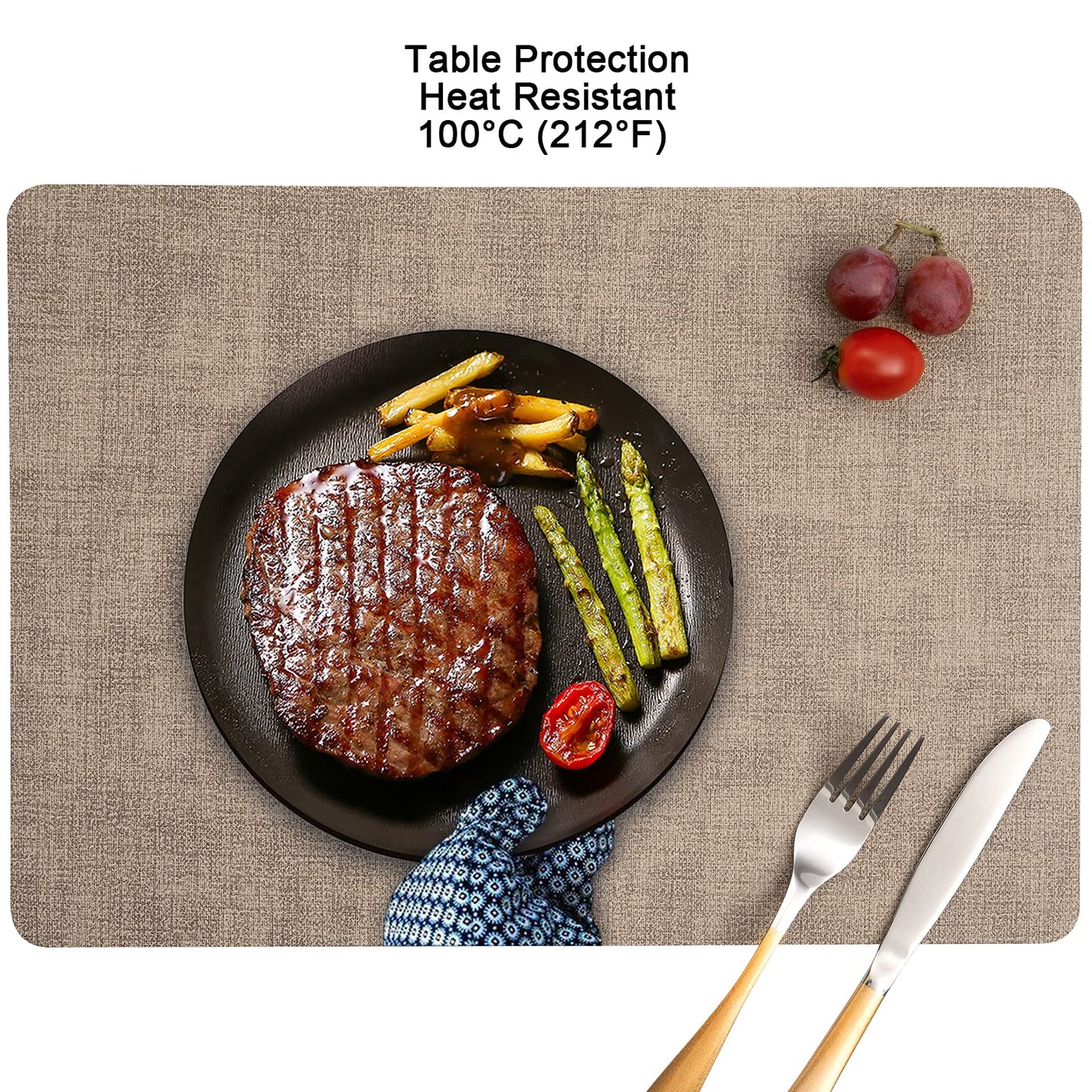 Myir JUN Placemats Dual Sided, Faux Leather Place Mats Set of 6 Indoor Placemat for Dining Table Outdoor Place Mat Manteles Individuales Square Non-Slip Washable Table Mats (Gray Beige, Set of 6)