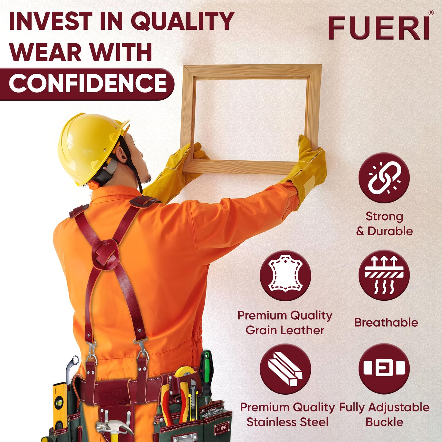 FUERI Maroon Full Grain Leather Tool Belt Suspender for Men | Heavy Duty Tools Suspenders with Foam Padding on Shoulder | Adjustable Suspender With 4 Loops for Carpenters and Electricians