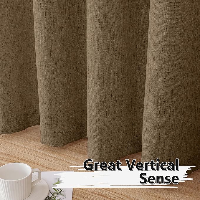 Tollpiz Short Linen Curtains Bedroom Rod Pocket Semi Sheer Curtain Burlap Light Filtering Thick Linen Drapes for Living Room, 38 x 45 inches Long, Brown, Set of 2 Panels