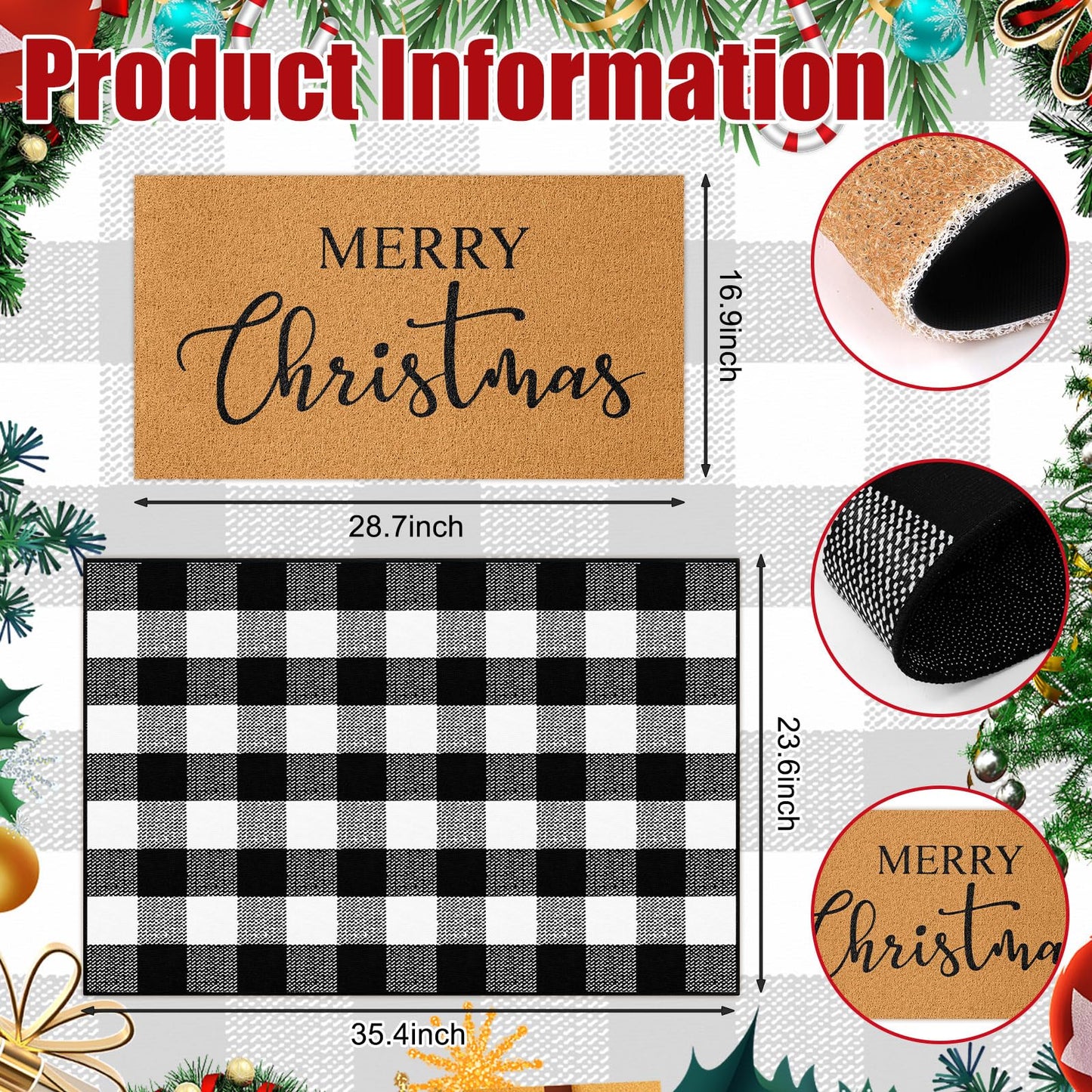 Duraaamo 2 Pcs Christmas Doormat Merry Christ Non Slip Outdoor Rug Xmas Welcome Layered Buffalo Floor Mats for Front Porch Entryway(Black White,Plaid)