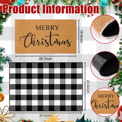 Duraaamo 2 Pcs Christmas Doormat Merry Christ Non Slip Outdoor Rug Xmas Welcome Layered Buffalo Floor Mats for Front Porch Entryway(Black White,Plaid)