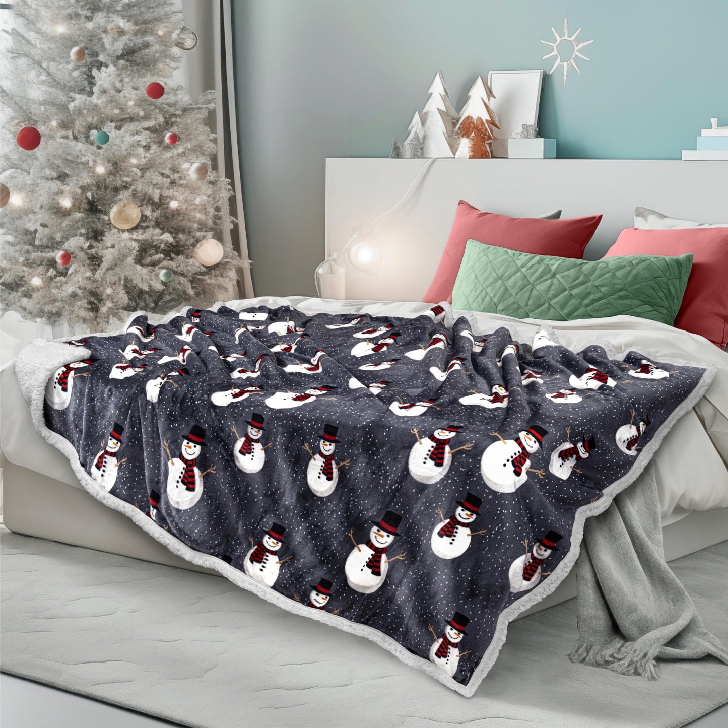 PAVILIA Premium Christmas Sherpa Throw Blanket, 50x60, Grey Snowman Cozy Fleece Holiday Blanket, Reversible Plush Winter Throw for Couch & Bed, Ultra Soft Warm