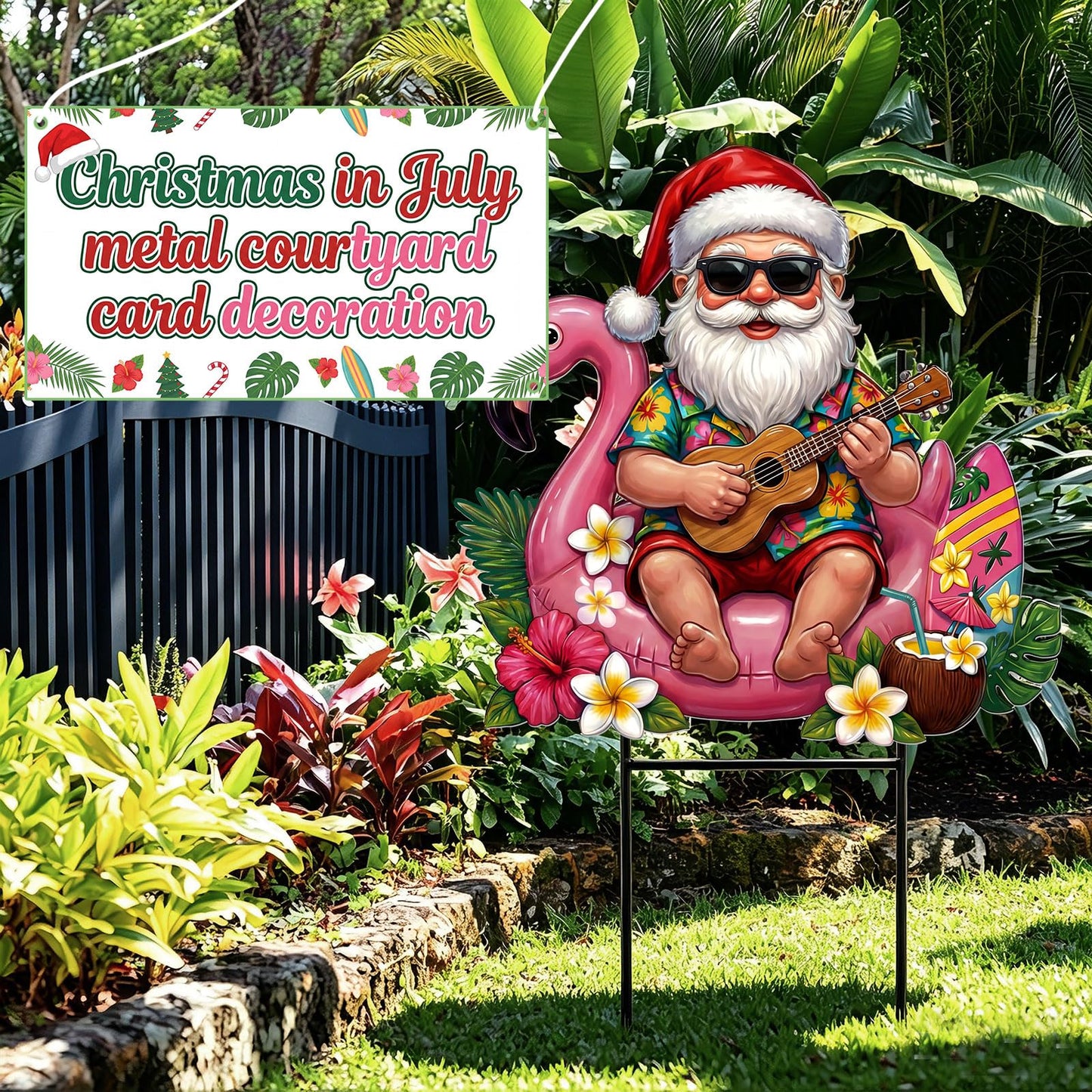 Amyhill July Christmas Outdoor Decor Summer Christmas Metal Yard Sign with Stake Tropical Flamingo Santa Claus Decorative Lawn Sign for Indoor Outside Garden Pathway Walkway Holiday Hawaii Party Decor