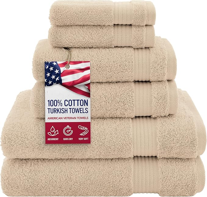 American Veteran 6 Piece Luxury Towel Set, 100% Cotton Turkish Towels
