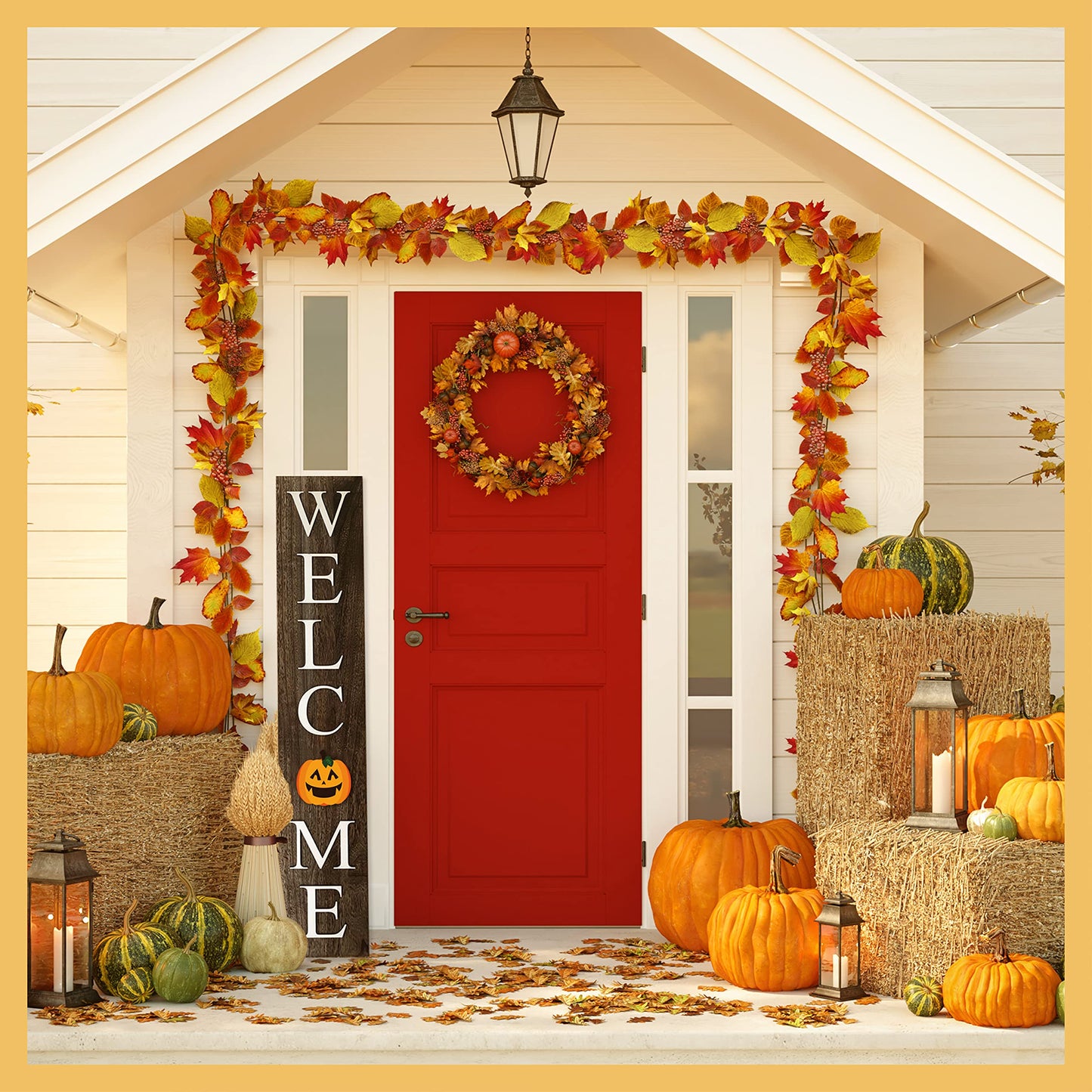 Extra Large 5FT Premium Wooden Interchangeable Welcome Sign for Front Door Porch Sign - 5 ft (58 x 11 Inch) 8 Magnetic Seasonal Tiles, Fall Porch Signs, Holidays and Seasons, Weather Resistance Standing welcome sign Outdoor and Indoor (Gray)