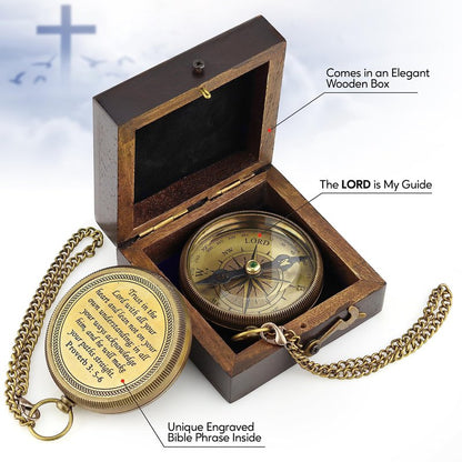 God is My Guide Brass Compass Gift with Display Box - Engraved Scripture Prayer Compass Religious Gift for Men & Women - Baptism, Confirmation, Communion Compass for Boys Graduation Gift (Aged Brass)