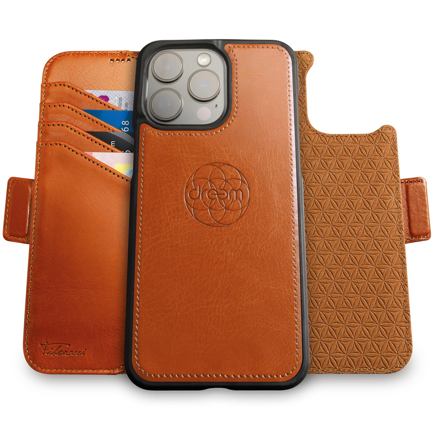 Dreem Wallet Case for iPhone 15 Pro, Revolutionary Vert/Hor Phone Stand, Magnetic Detachable Vegan Leather Flip Cover RFID Blocking Card Holder, MagSafe-Fit, Gift Box [Fibonacci: Caramel]