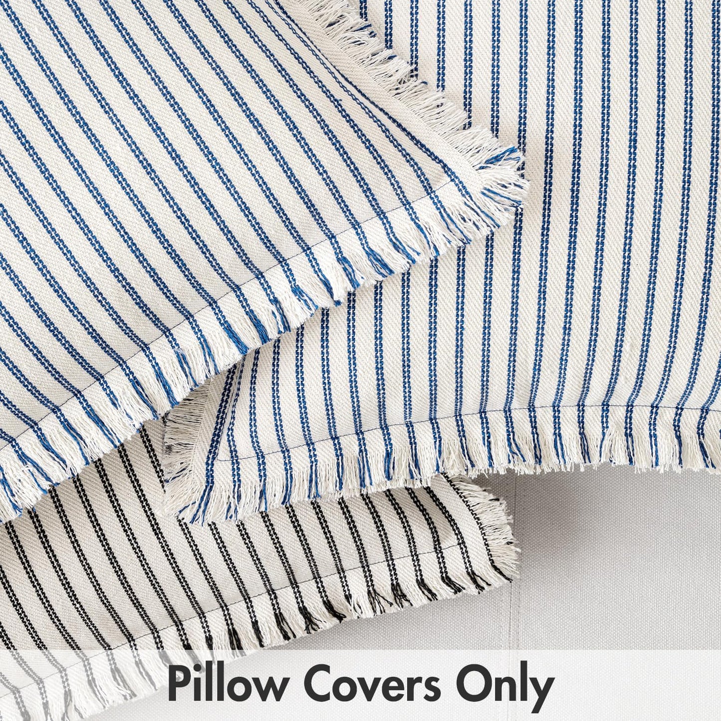 MIULEE Black Pack of 2 Pillow Covers 18x18 Inch Striped Farmhouse Couch Throw Pillow Covers with Fringe Chic Linen Decorative Cushion Covers for Sofa Living Room Bed Outdoor Home Decor