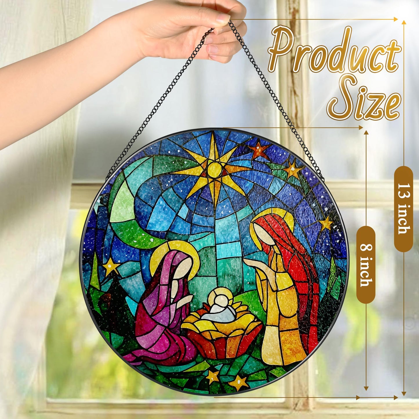 LAOWEIKI 8'' Stained Glass Window Hanging, Nativity Scene Ornament, Religious Ornament, Sun Catcher Window Decor, Christian Holiday Decor, Gifts for Christmas, Christian Gift, Religious Gift