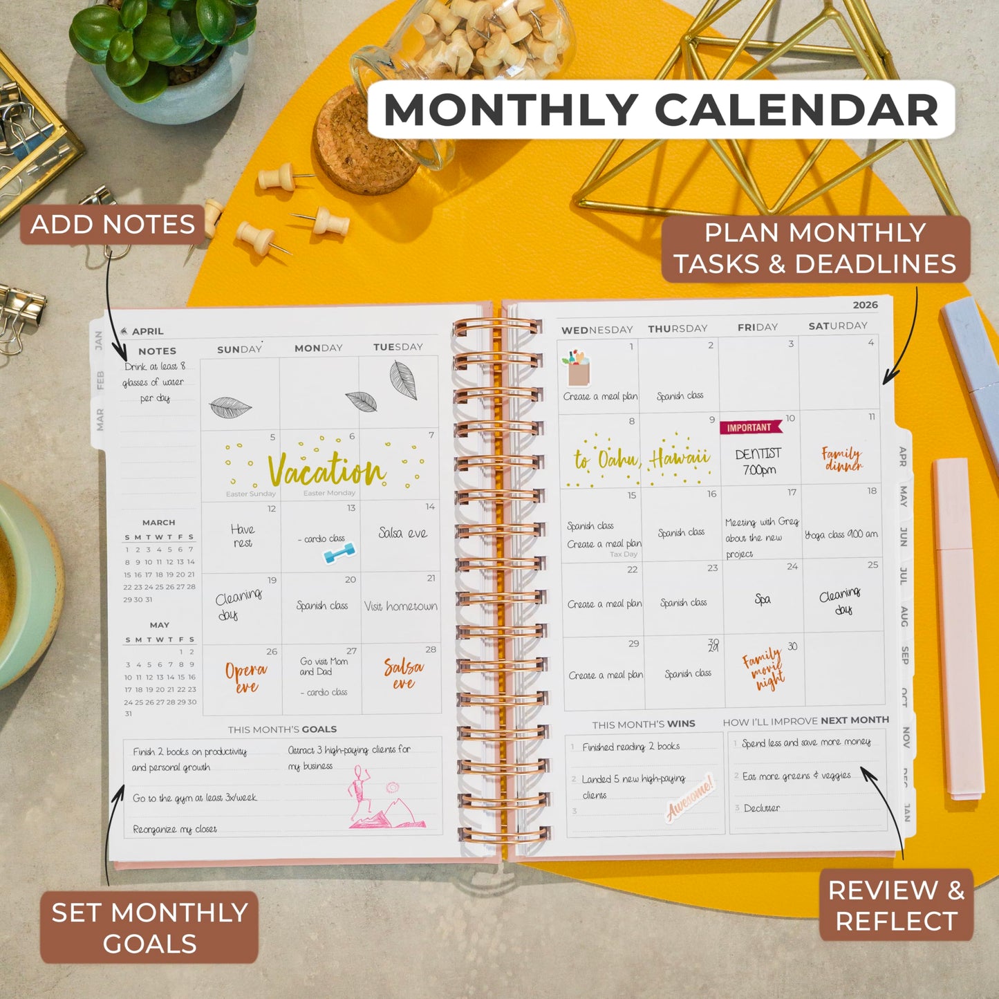 Clever Fox Dated Planner with Tabs 2026 – Weekly & Monthly Spiral Planner with Habit Tracker for Goal Setting & Time Management (Rose Gold)