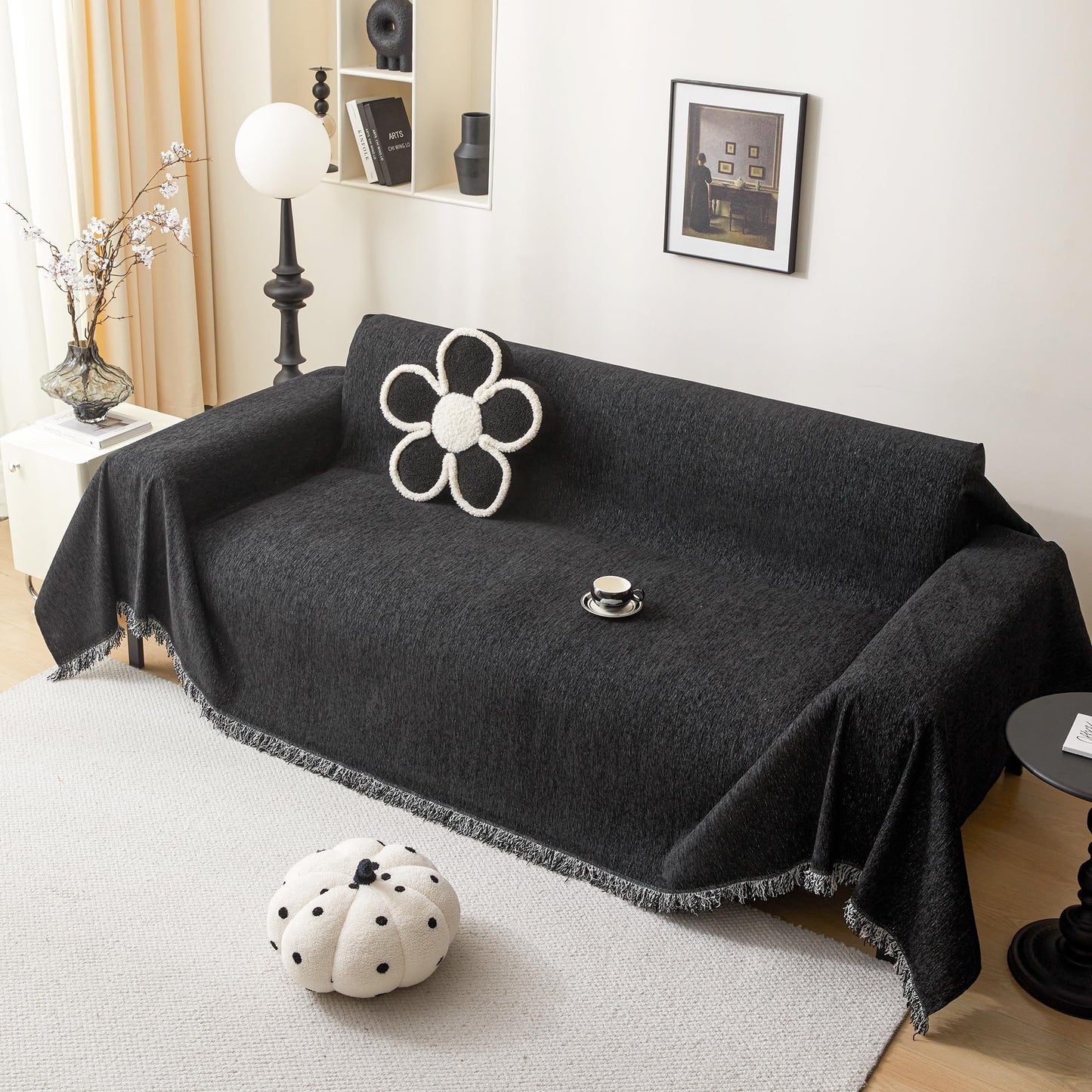 MEETSKY Washable Sofa Cover Black Sectional Couch Covers for 2 Cushion Couch Sofa Thick Universal Chenille Sofa Covers with Tassel Furniture Protector for Dogs, 71"x 102"