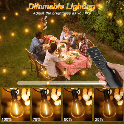 Ollny S11 100FT Outdoor String Lights with Remote, Plug in Waterproof Connectable 3 Modes Dimmable Timers Patio Lights with 48+2 LED Spare Bulbs, Dusk to Dawn Outdoor Light for Outside Bistro Yard