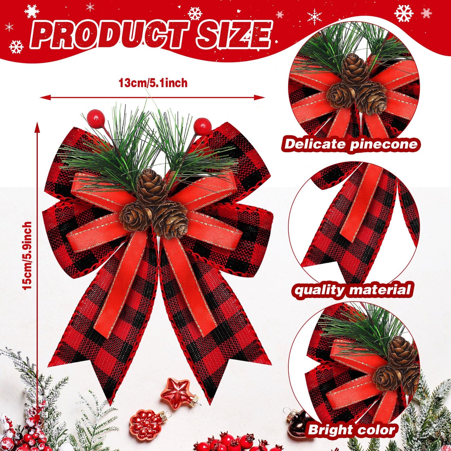 Syhood 6 Pcs Christmas Bows with Pine Cones Pine Needles Xmas Buffalo Plaid Bows Black White Plaid Ribbon Christmas Tree Wreath Decoration for Xmas Parties Indoor Outdoor Crafts DIY Decor