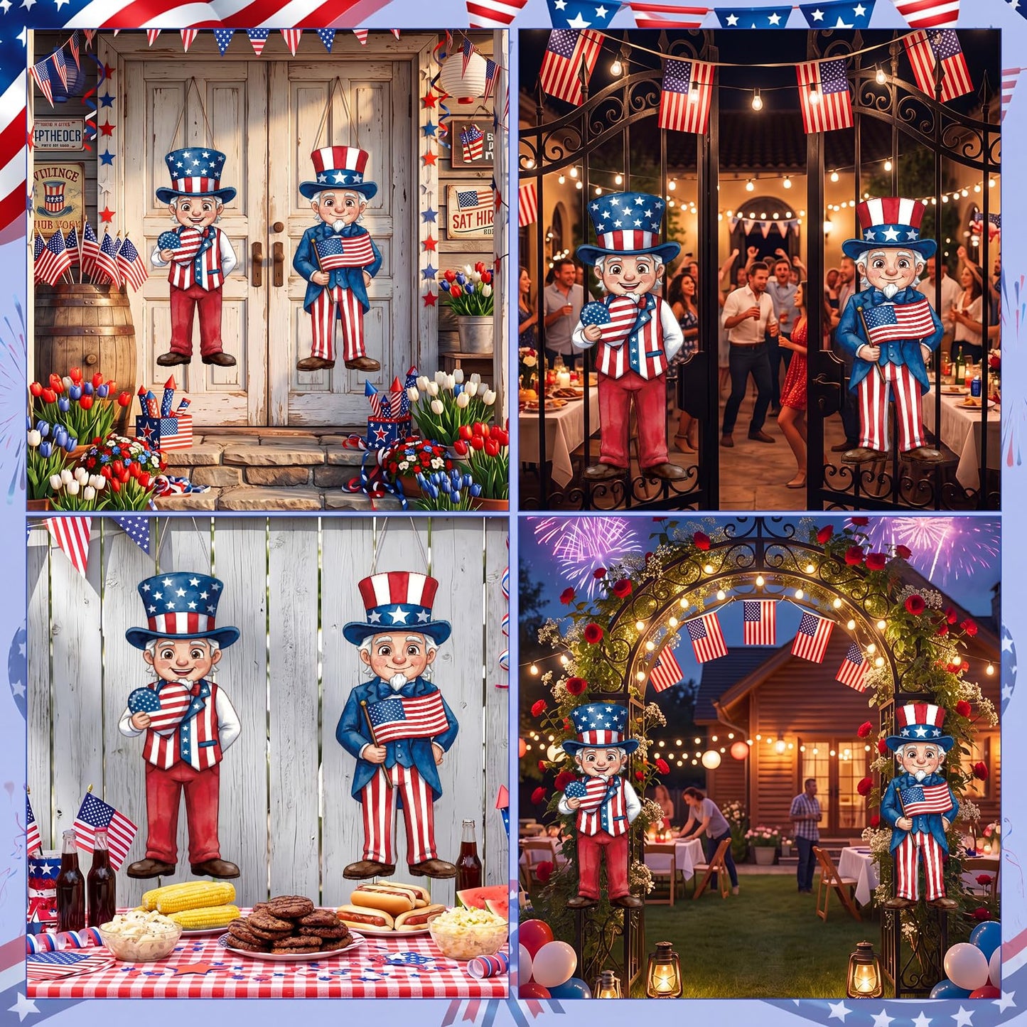 Thyle 2 Pcs Large 4th of July Hanging Sign Decorations 32 x 12 Inch Patriotic Uncle Wooden Front Door Decorations Plaques Porch Sign for 250th Anniversary Independence Day Door Hanger
