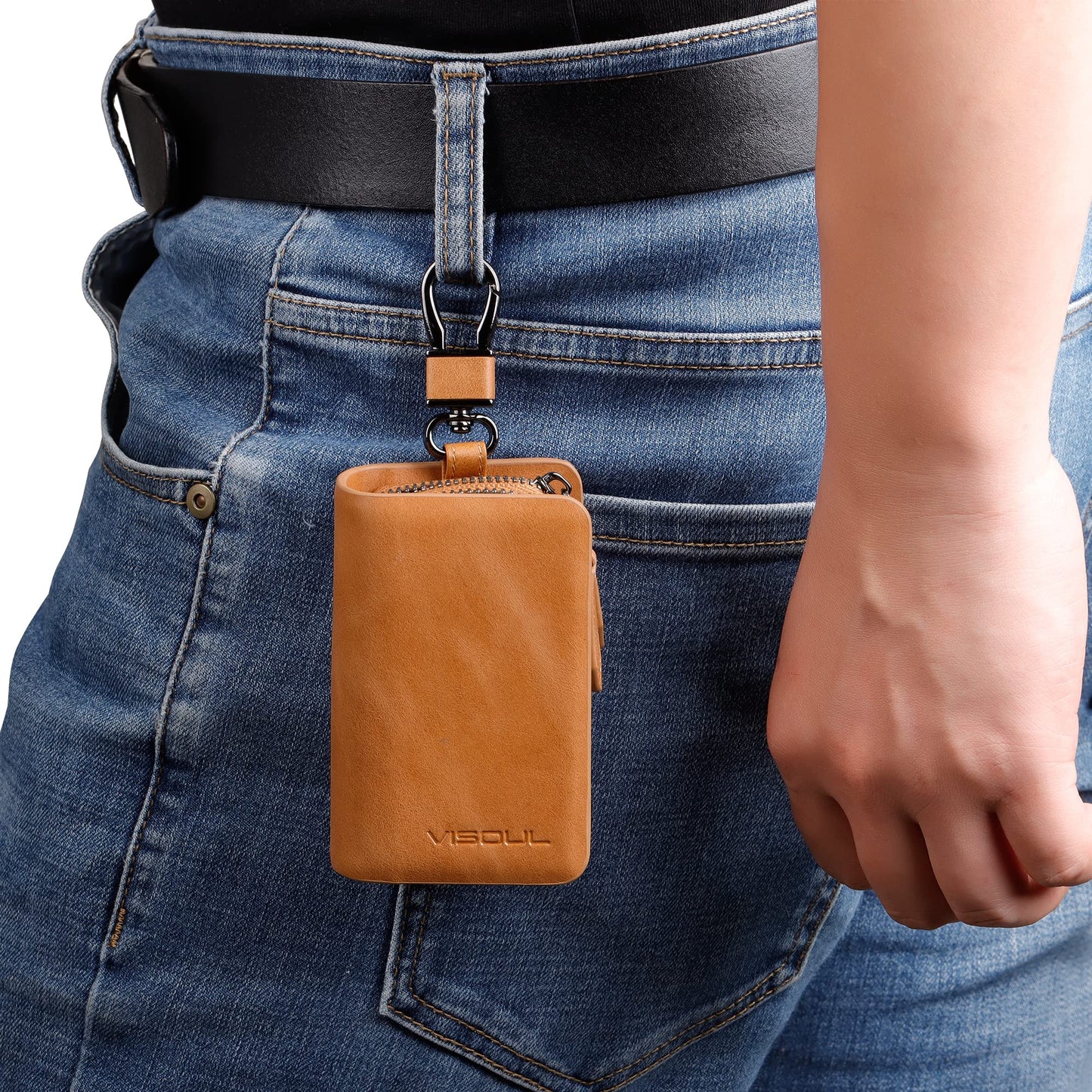 VISOUL Car Key Case Holder Double Zipper, Leather Car Smart Key Fob Case with Keychain for Men and Women-Tan