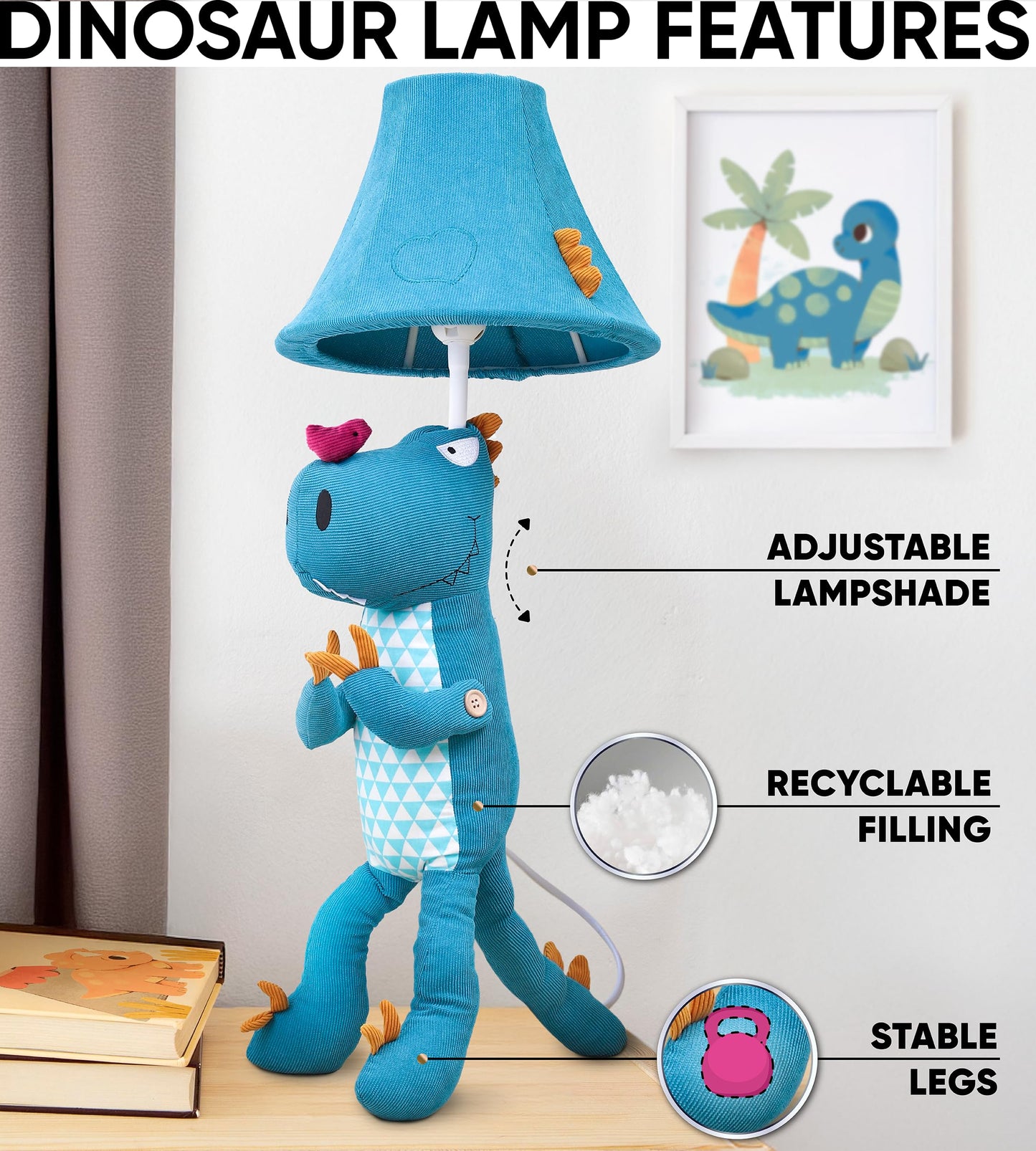 Dinosaur Kids Lamp for Boys Bedroom - 27", Boys Lamp for Kids Room - Cute Christmas Gifts, Birthday Gifts for All Ages: Toddler Girls, Children, Grandkids 3 4 5 and Up Years Old, Sister, Brother