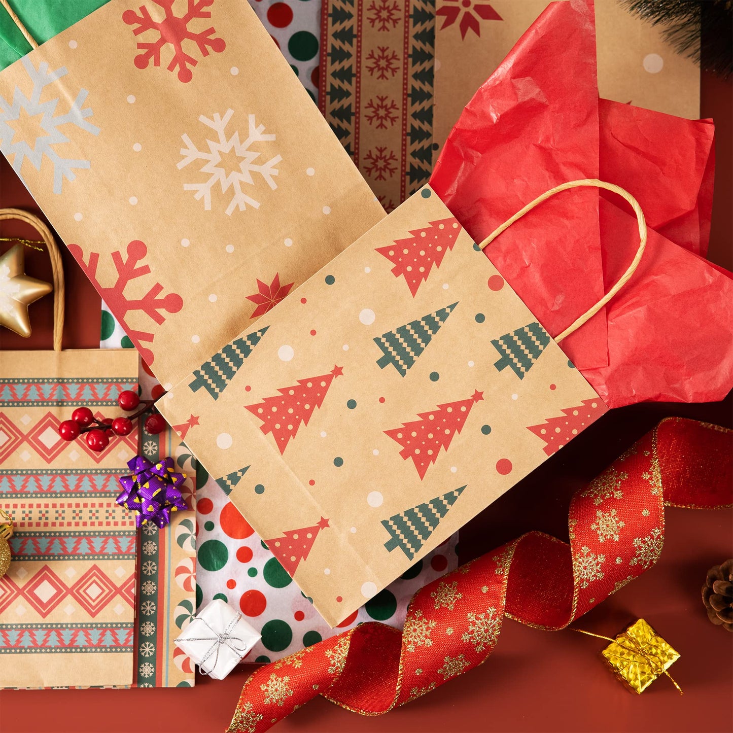 JOYIN 48 PCS Christmas Kraft Bags, Presents Wrapping Goody Treat Candy Bags with Handle Xmas Characters for Christmas Party Favors, Gift Giving, Holidays Decorations, Xmas Treat (7" x 9" x 3.5 ")
