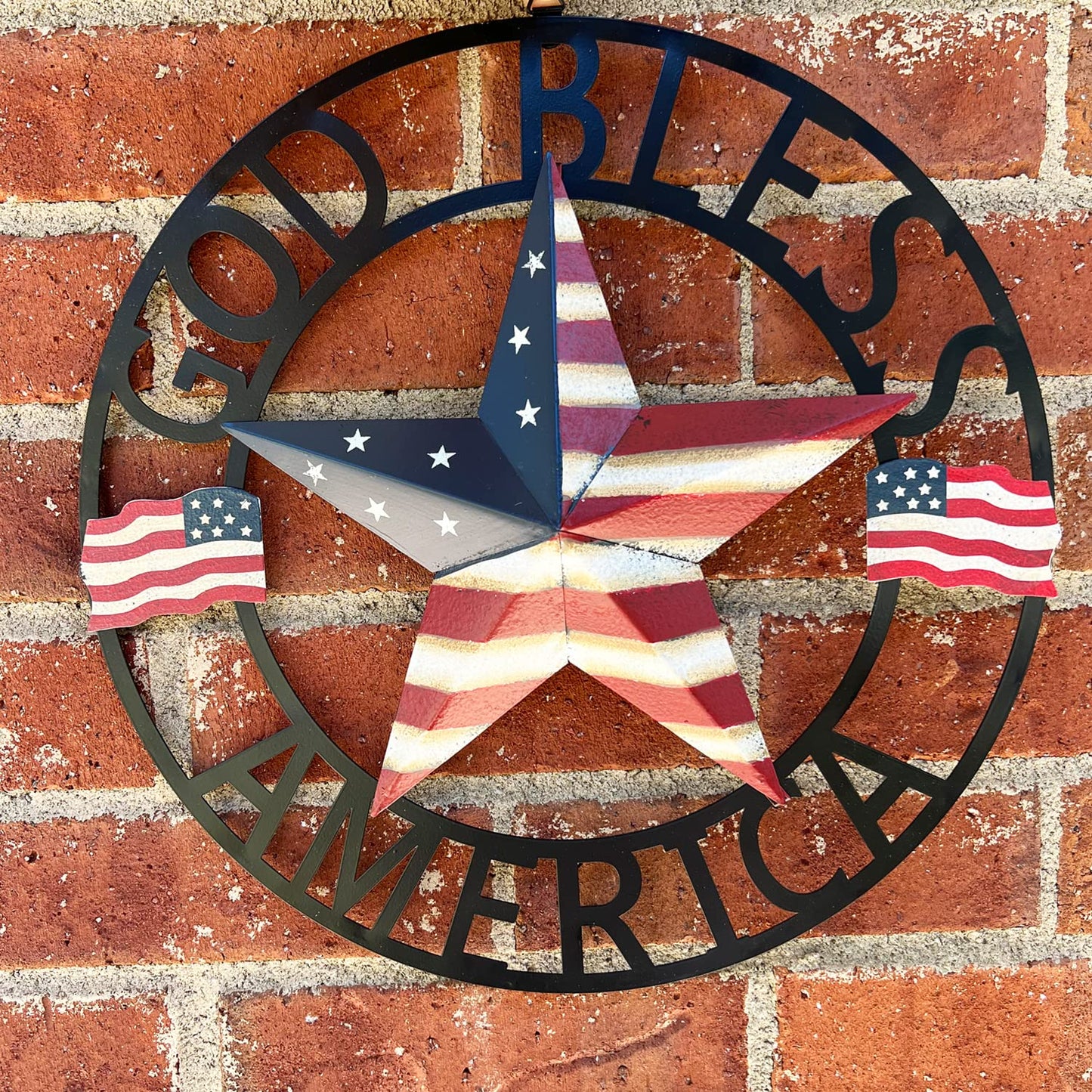 God Bless America USA Metal Star Hanging Welcome Home Signs Wall Decor 4th of July Patriotic Front Door Wreaths Hanger, Meta Flag Garden Fence Patio Front Porch Yard Indoor Outdoor Patriotic Decorations 13''H
