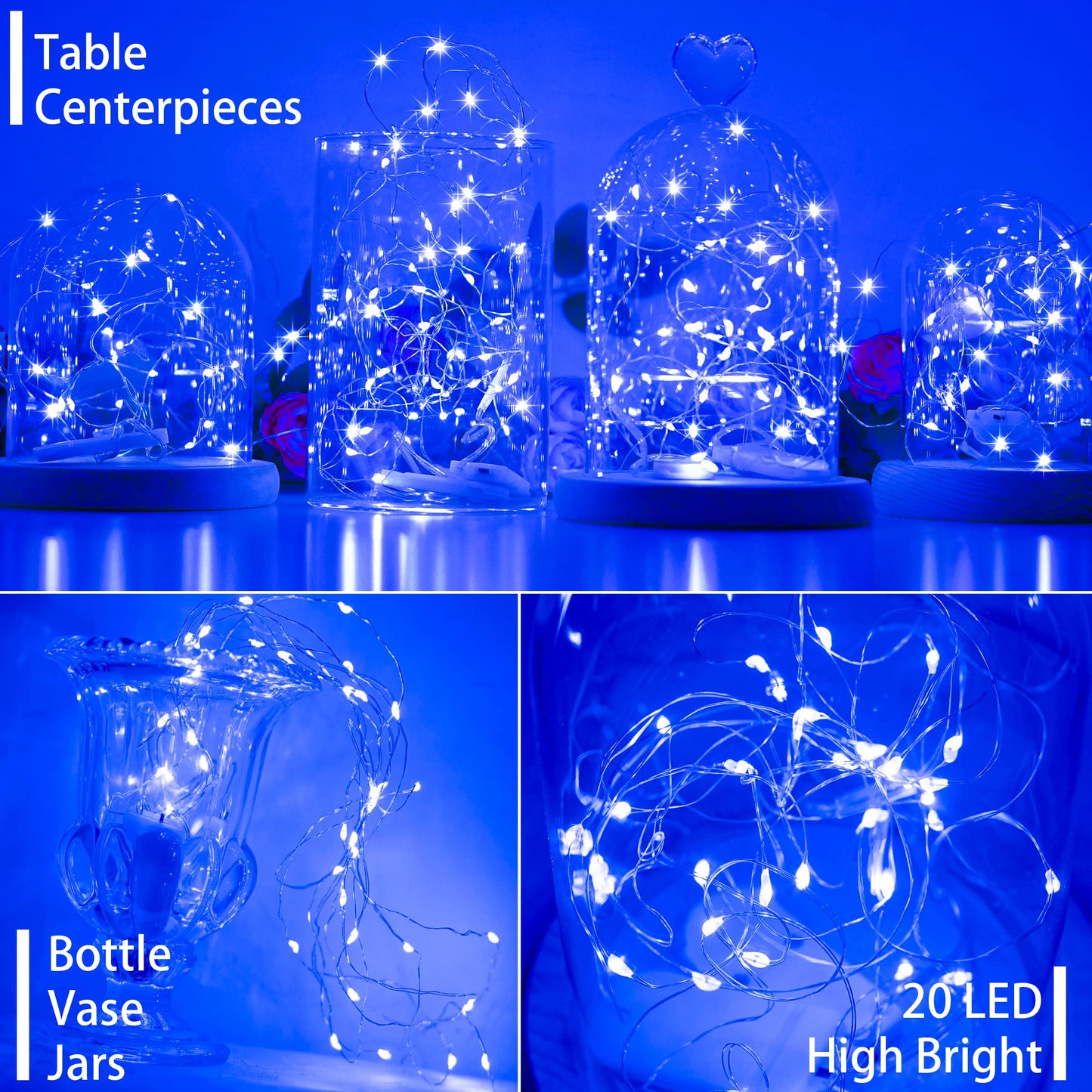 SunKite 16 Packs 20 LED Blue Fairy String Lights Battery Operated Waterproof 6.6 Feet Silver Copper Wire Firefly Starry Moon Lights for DIY Bottle Costume Wedding Party Bedroom Table Decor