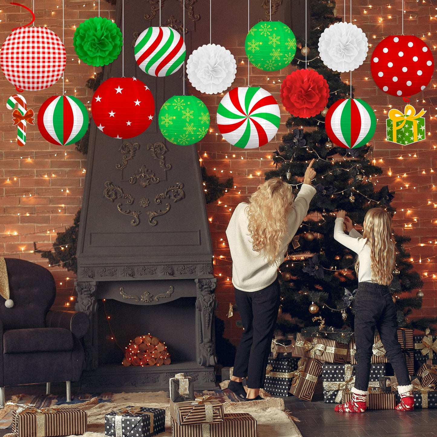 Renbuzhu 15PCS Christmas Decorations Ornaments Set – 9 Red White Green Paper Lanterns, 4 Pom Poms, 2 Hanging Swirls for Indoor, Home, Xmas Party, Porch Decor