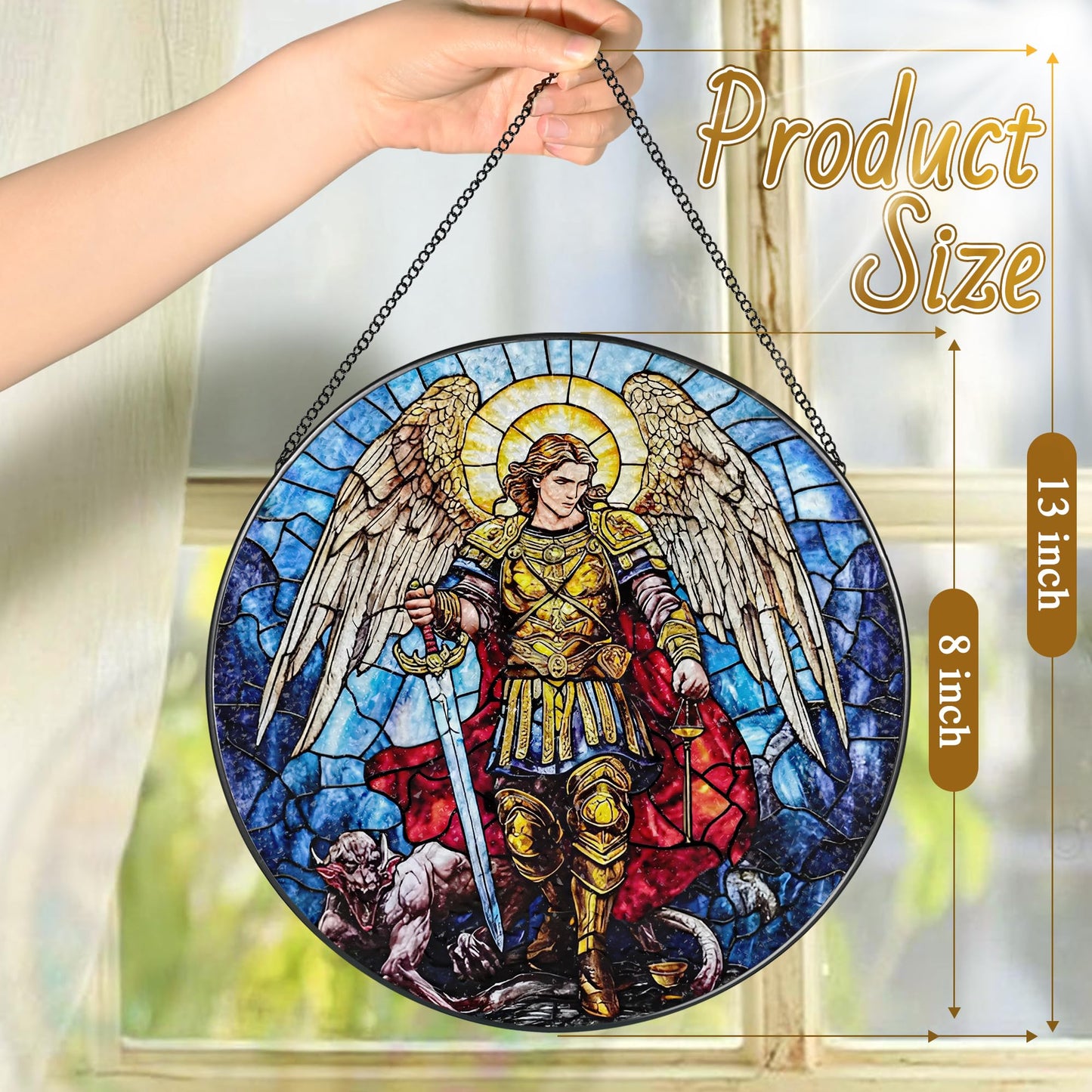 Stained Glass Suncatcher, Archangel Michael Sun Catcher Ornament; Stained Glass Window Hanging, Spiritual Protection Decor, Christmas Ornament; Christian Gifts, Religious Gifts