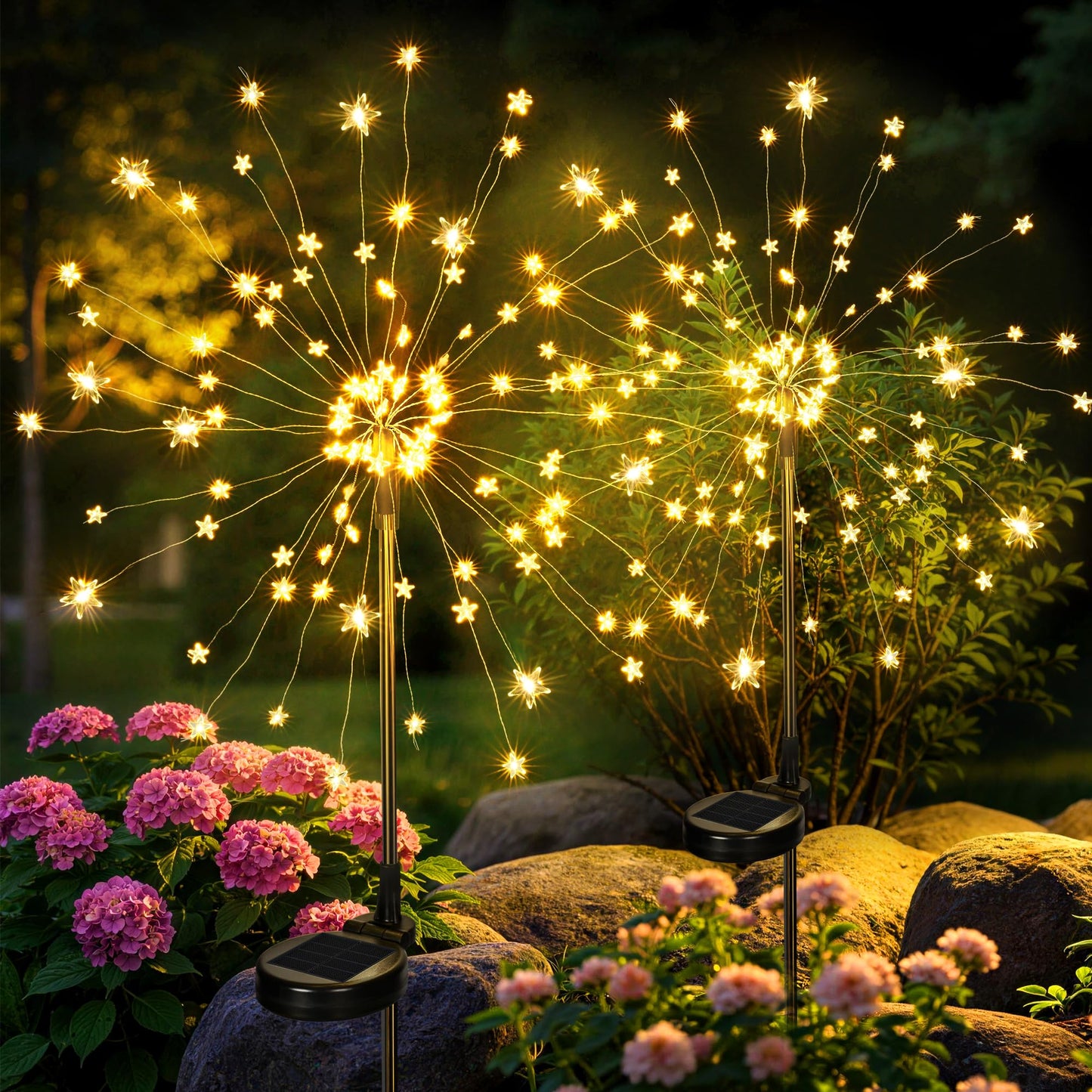 GIGALUMI Solar Lights Outdoor Garden Decor Fireworks Lights, 2 Pack Fairy Lights Outdoor Waterproof Solar Powered, Star-Shaped LED Lights for Yard Patio Pathway Walkway Decor, Warm White