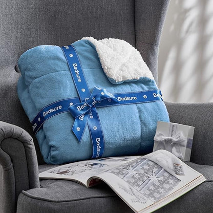 Bedsure GentleSoft Sherpa Fleece Throw Blanket Twin Size for Couch - Thick and Warm Throw for Men, Soft Fuzzy Plush Twin Blanket for Winter, Washed Blue, 60x80 Inches