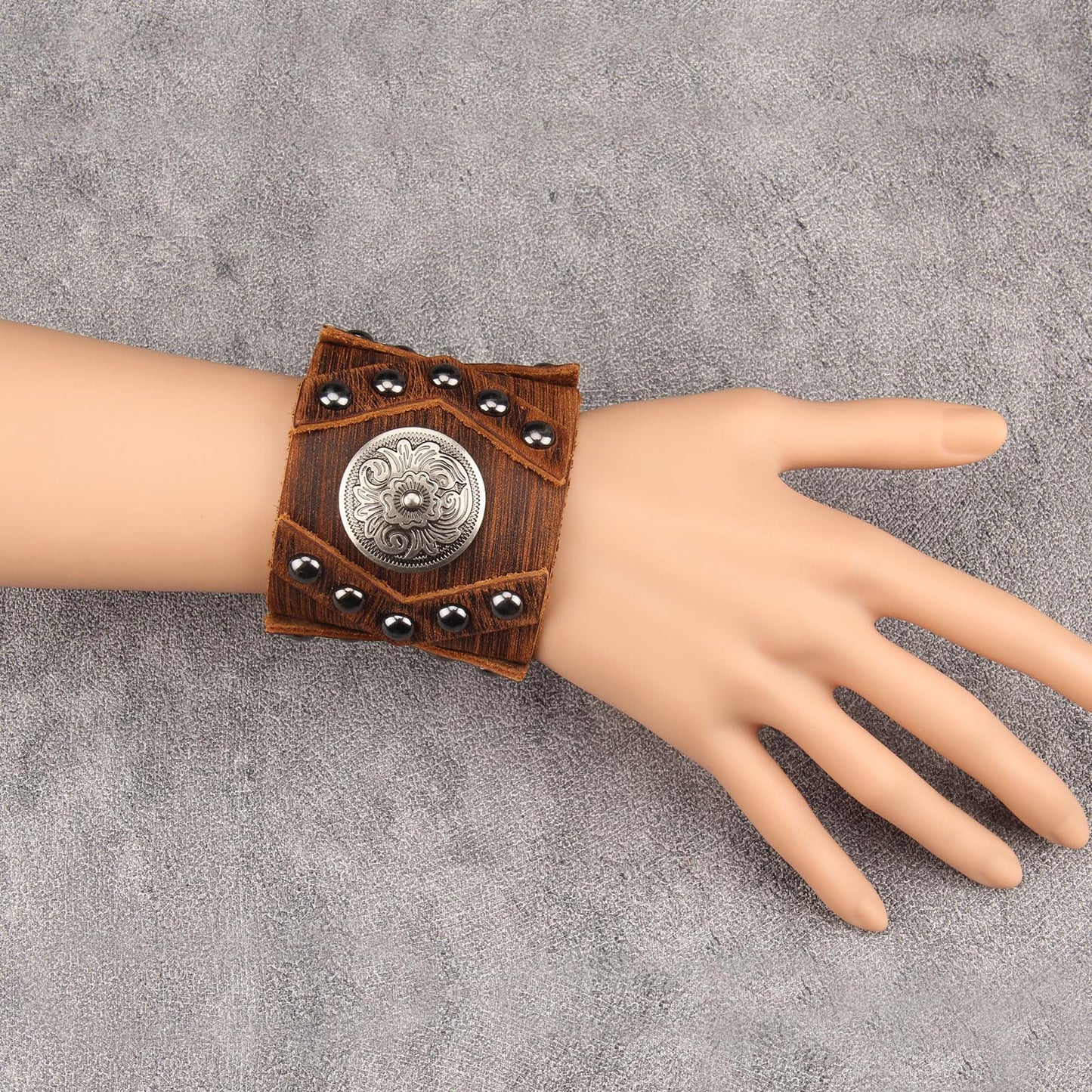 GelConnie Leather Cuff Bracelet Handmade Brown Leather Bracelets Studed Gothic Punk Mens Wrist Bracelet Wide Wristband