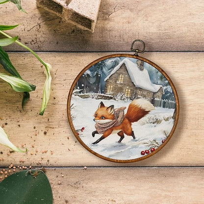 KSDUT Vintage Winter Wall Decor Art - Snowy Fox Wall Art Canvas Frame Hanging Prints, Retro Xmas Forest Woodland Wild Animal Round Wall Art Decor for Home Farmhouse Decorations 10"x10"