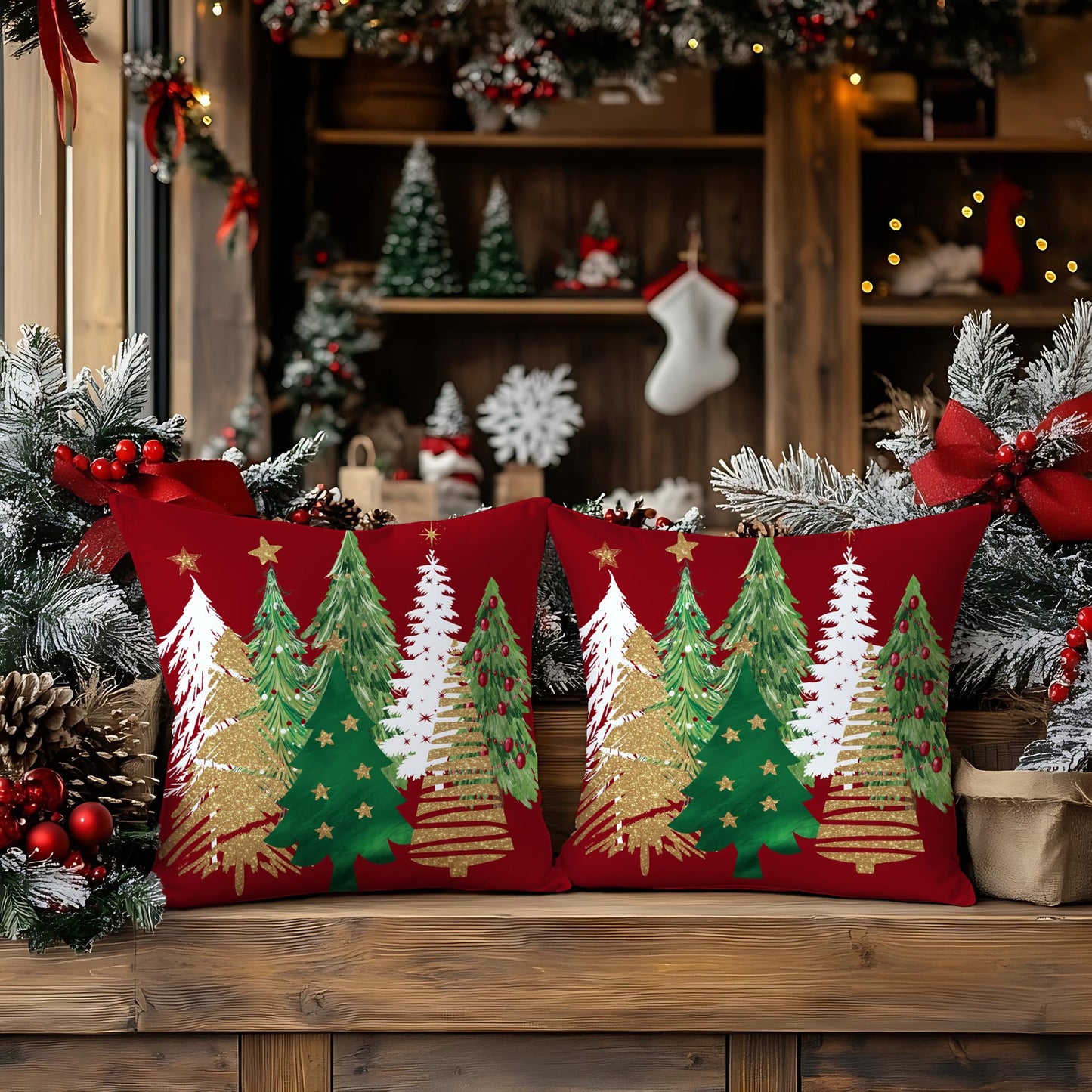 Artmag Christmas Tree Pillow Covers 24x24 Inch Set of 2, Decorative Farmhouse Red Pillow Shams Cases Slipcovers for Home Couch Sofa Decorations