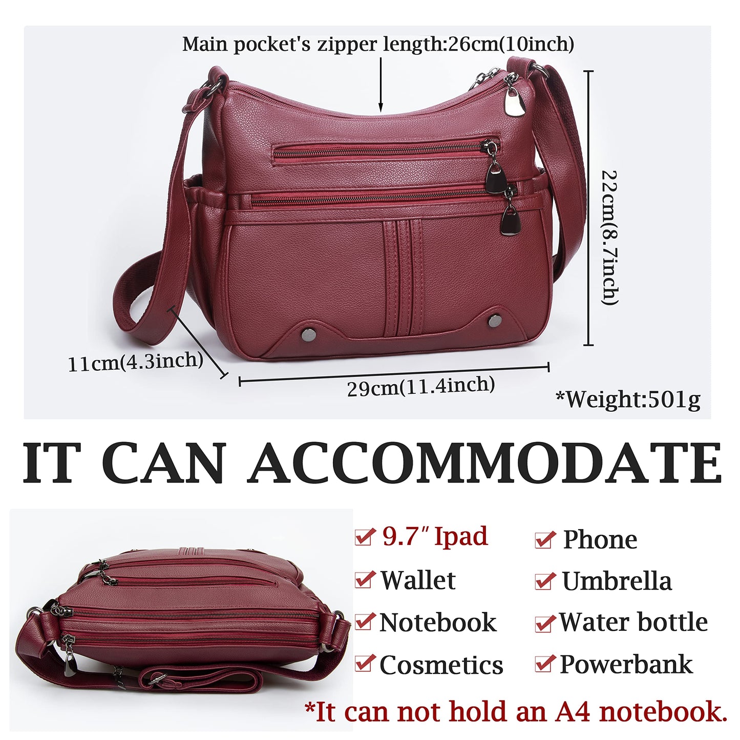 Women Soft PU Leather Shoulder Handbag Multi Pocket Crossbody Bag Ladies Medium Roomy Purses Fashion Tote Top Handle Satchel(Red)