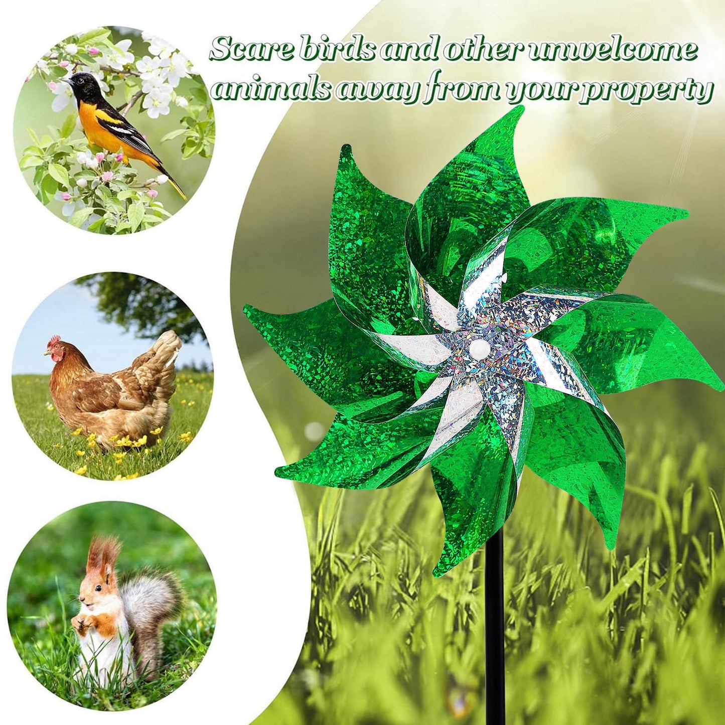 Hausse 10 Pack Reflective Pinwheels Holiday Decor (Assembly Required), Sparkly Wind Sculptures for St. Patrick's Day Decorations Party Supplies, Scare Birds Away from Garden Yard Patio Farm, Green