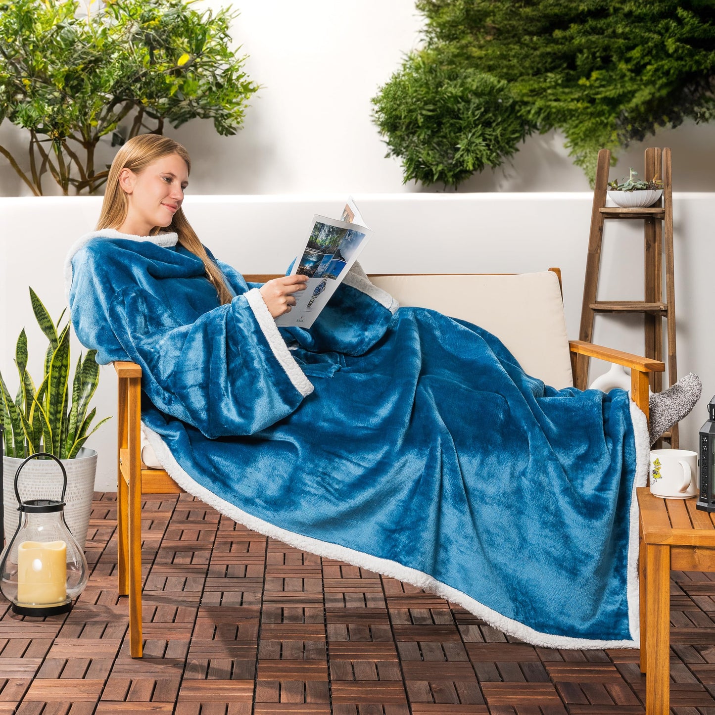 PAVILIA Sherpa Wearable Blanket with Sleeves and Pocket, Plush Thick Cozy Body Blanket Wrap for Adult Women Men, Christmas Gift for Wife Mom, Teal Blue