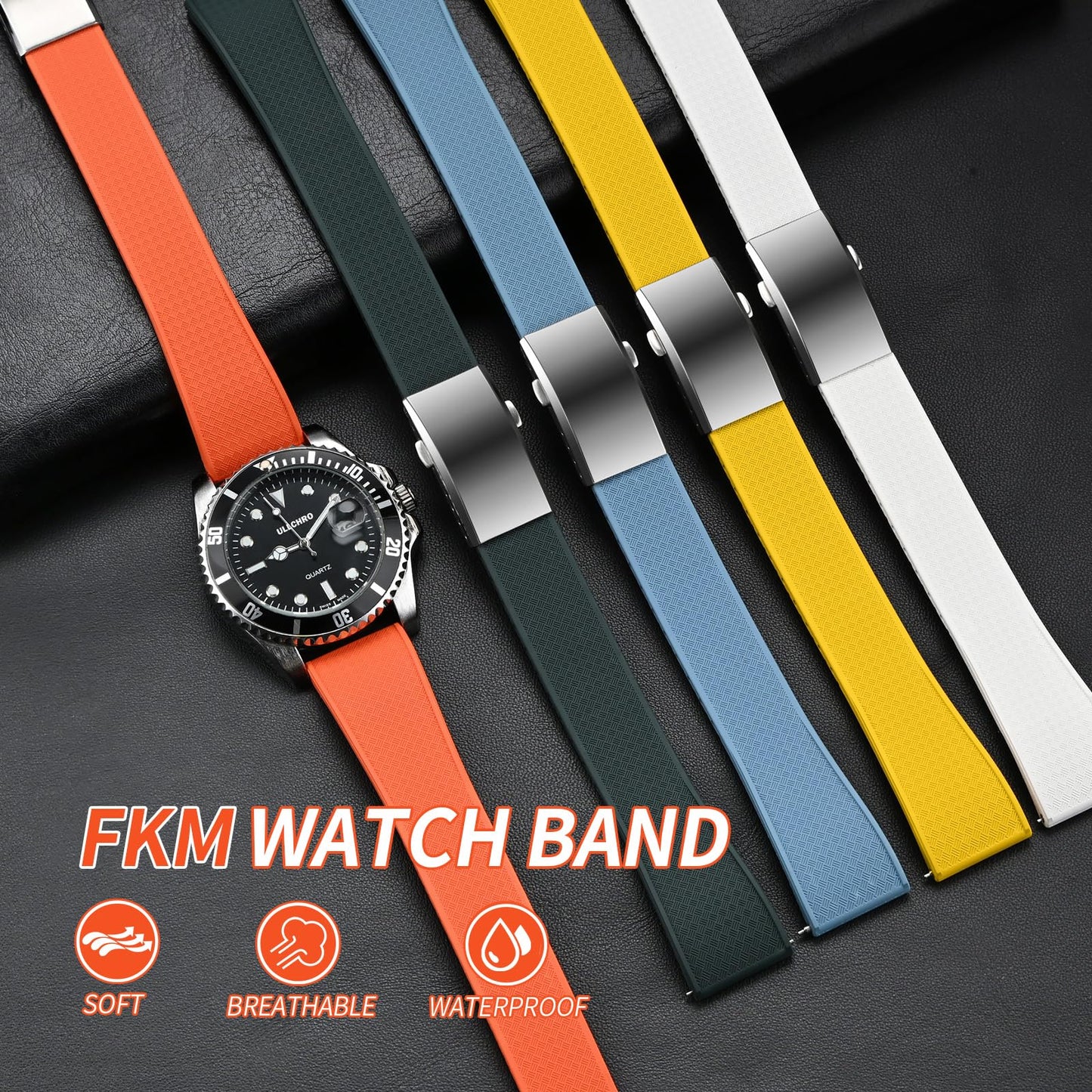 ULLCHRO FKM Rubber Watch Strap, Cut to Size Quick Release Fluororubber Watch Band Soft Replacement Watchband with Silver Milled Clasp for Men Women 18mm 19mm 20mm 21mm 22mm (20mm, White)