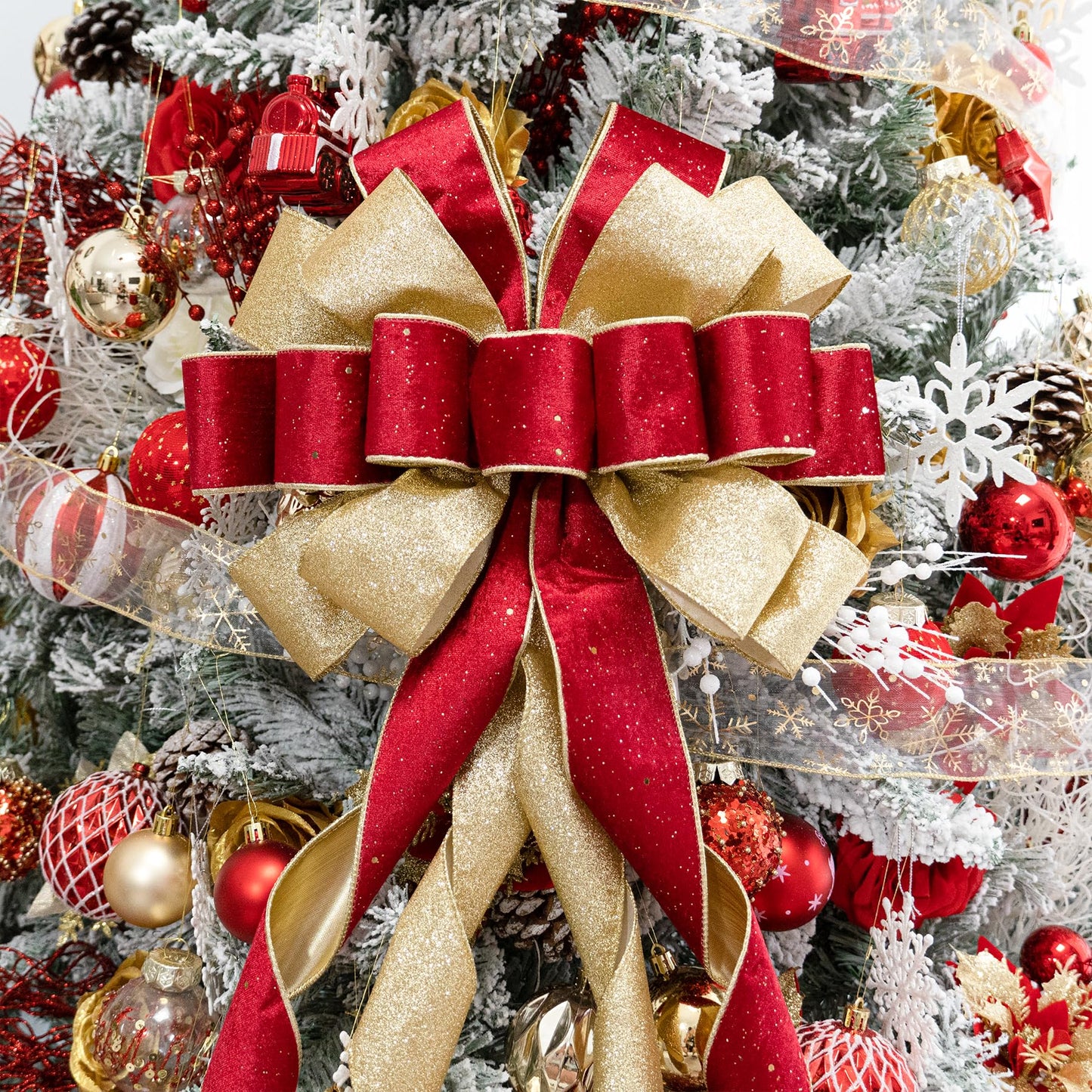 Hismir Christmas Tree Topper Bow，53x13 Inches Large Christmas Bow with Glitter Streamer，Decorative Bows for Xmas Tree Wreath Door Festival Home Decor(Red Gold)