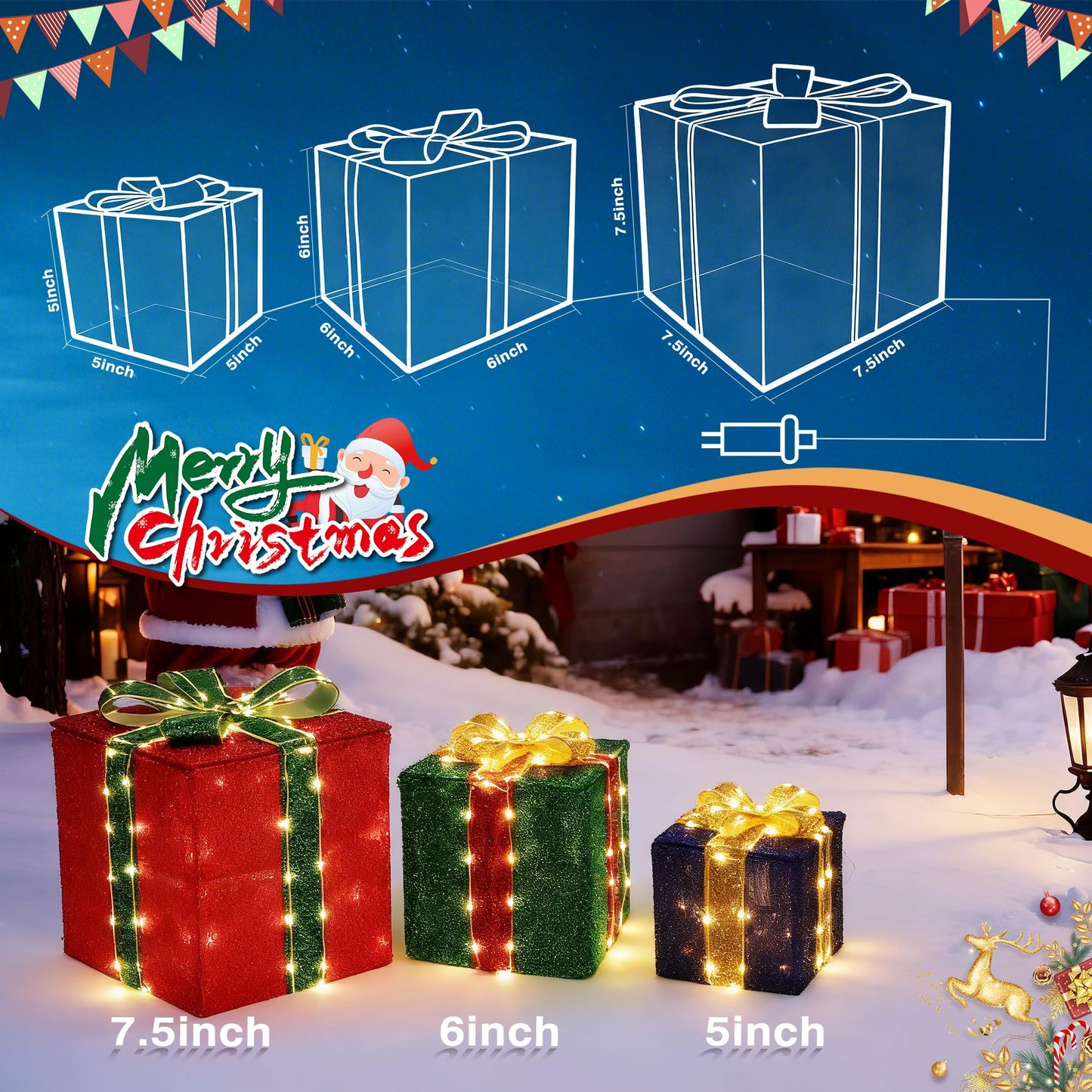 Set of 3 Christmas Lighted Gift Boxes - Pre lit Presents Christmas Boxes with Different Sizes for Holiday Indoor Outdoor Decoration (Warm White, Small)