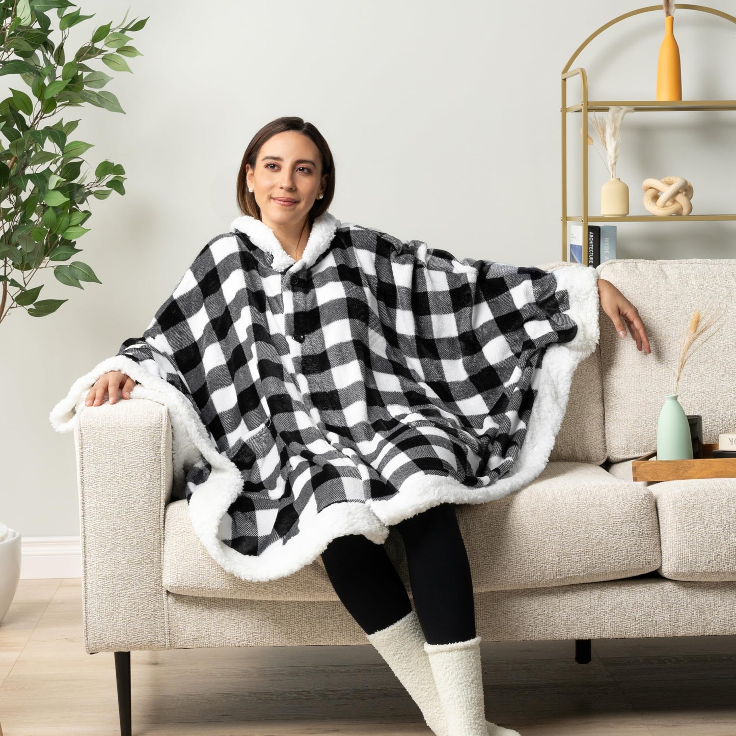 PAVILIA Hooded Blanket Poncho, Women Sherpa Fleece Shawl Wrap with Hood, Wearable Blanket Cozy Warm Poncho Cape Throw with Pockets, Gift for Elderly Mom, Black and White Buffalo Plaid Checkered