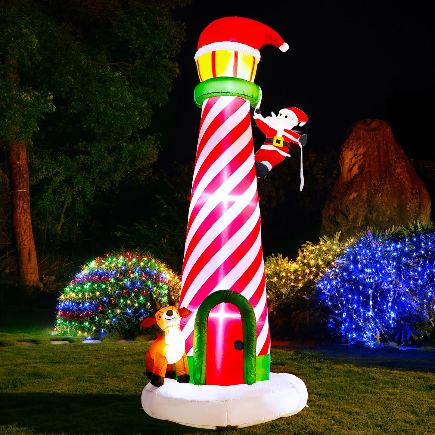 Lulu Home 10FT Christmas Inflatable Decoration, Giant Lighted Lighthouse Blowups with Santa and Reindeer, Air-Blown Ornaments with Storage Bags for Xmas Winter Yard Lawn Garden Outdoor Decor
