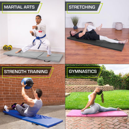 ProsourceFit Tri-Fold Folding Thick Exercise Mat 6’x2’ with Carrying Handles for MMA, Gymnastics Core Workouts, Grey