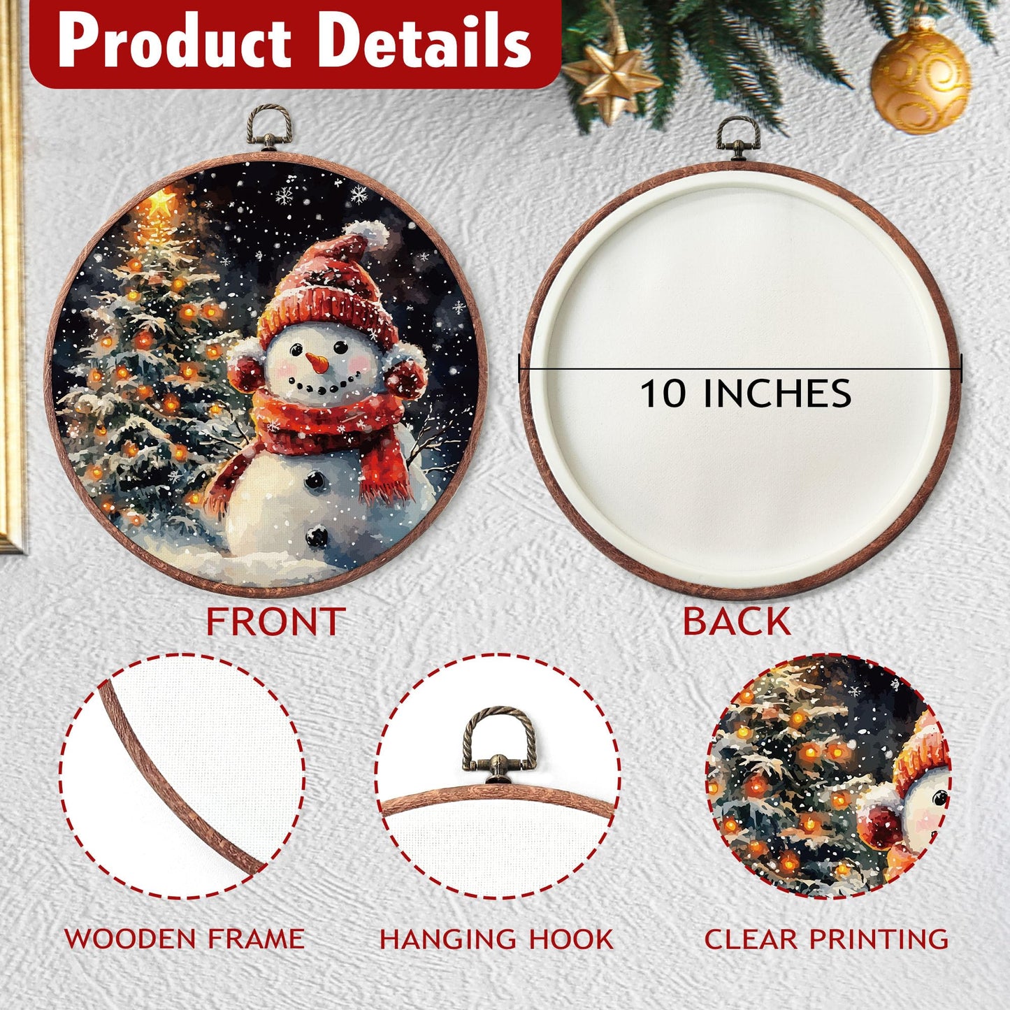 heiyihe Round Christmas Trees Snowman Hanging Canvas Artwork, 10x10 Inches Round Christmas Canvas Frame Wall Art Decor, Embroidery Kit Decor for Home Living Room, Gift Ideas for Family Friends-A09