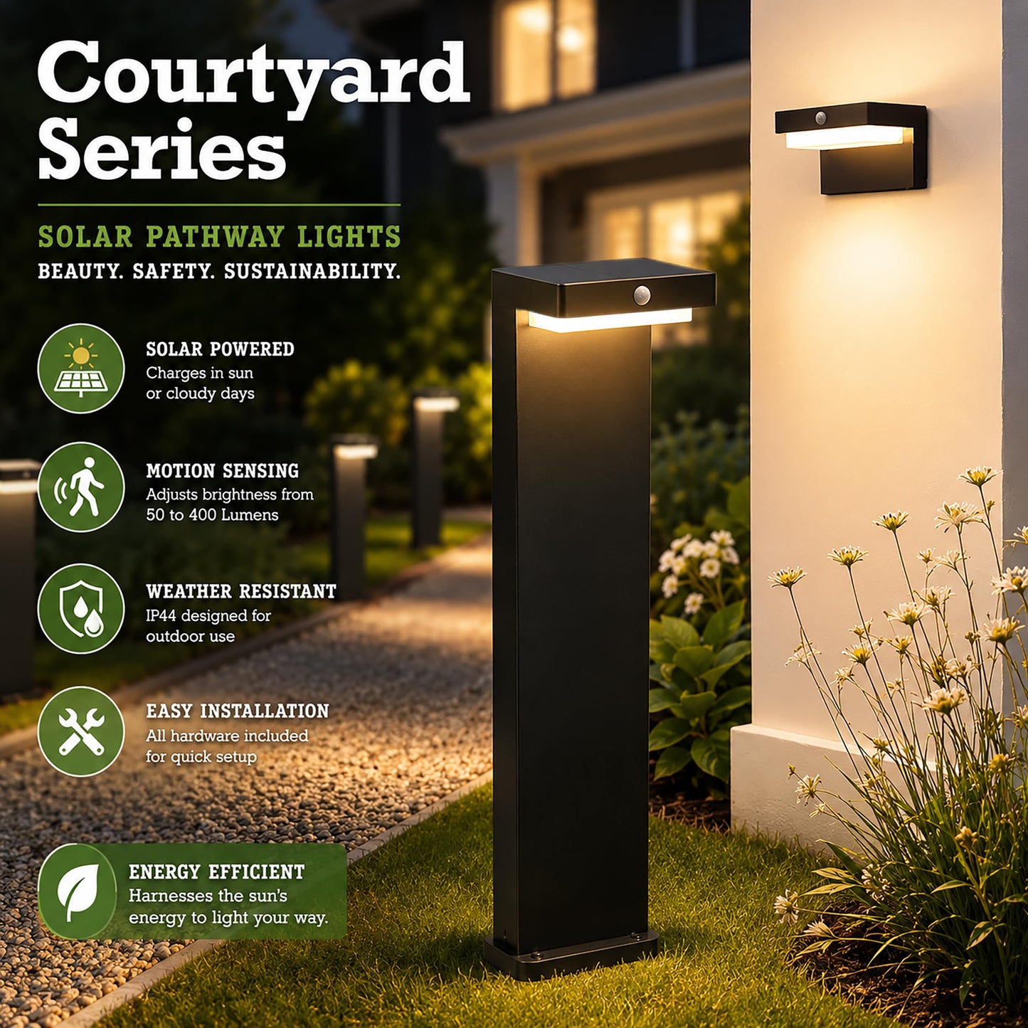 VerLuce - Square Solar Wall Lights - Solar Powered Wall Lamps - LED Lights - PIR Sensor & Two Lighting Modes - Rechargeable Battery Lasts Up to 55 Hours - 3000K - IP44 Weather Resistant - 2 Pack